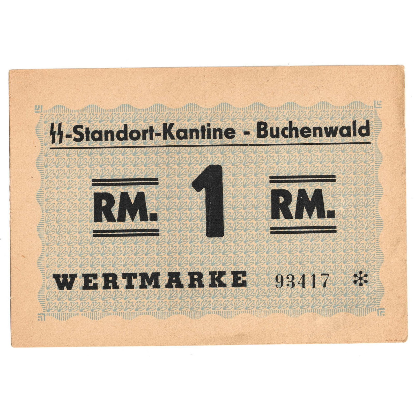 Buchenwald Concentration Camp 1 Reichsmark ND (1939-1944), virtually Uncirculated: Campbell 3952b2 : Serial# 93417 * : 1 is angular, 'M' of 'RM' with slanted legs Condition Depressions in paper Medium Collectibles Literature Camp Money used by the SS
