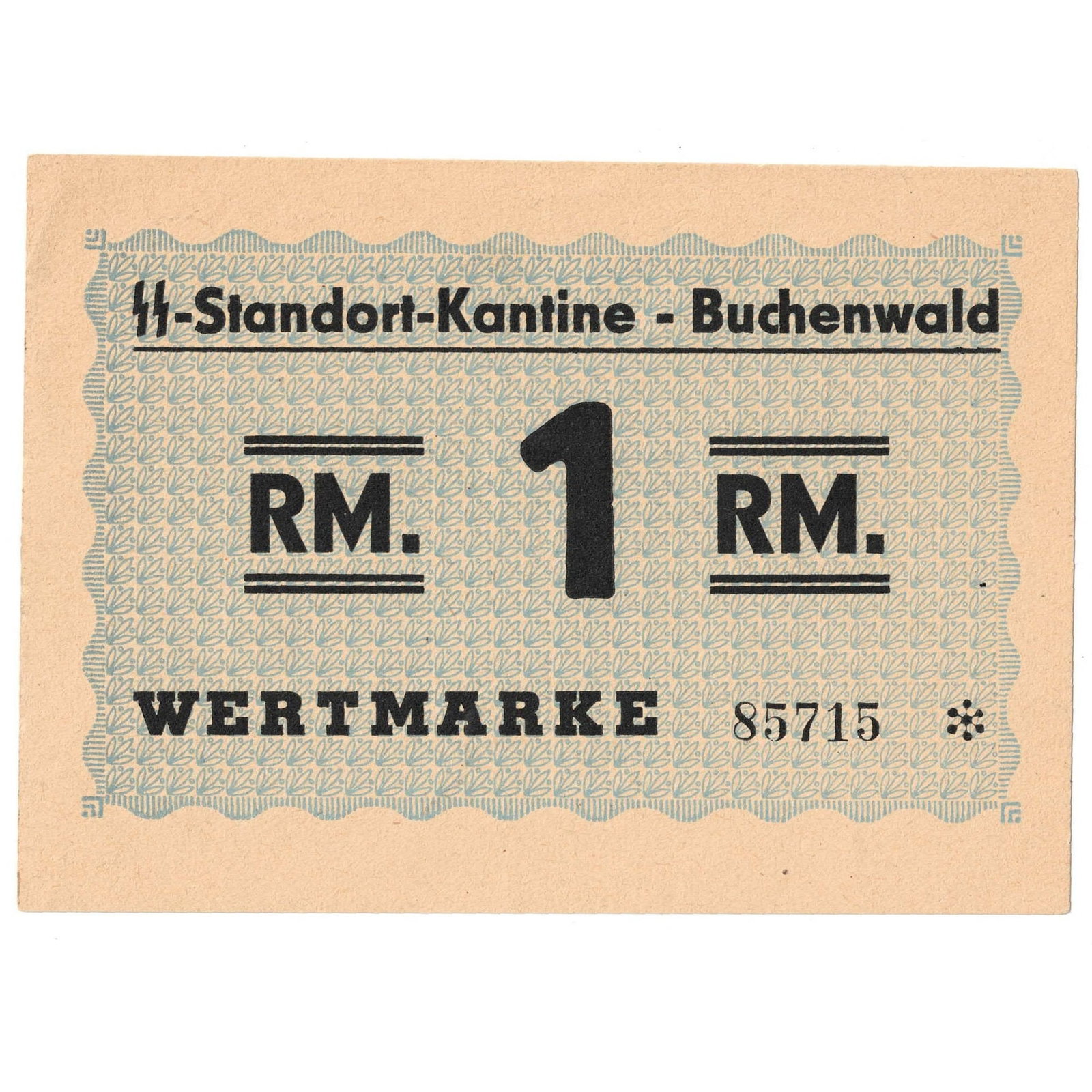 Buchenwald Concentration Camp 1 Reichsmark ND (1939-1944), Uncirculated: Campbell 3952a1 : Serial# 85715 * : 1 is round, 'M' of 'RM' with vertical legs Medium Collectibles Literature Camp Money used by the SS