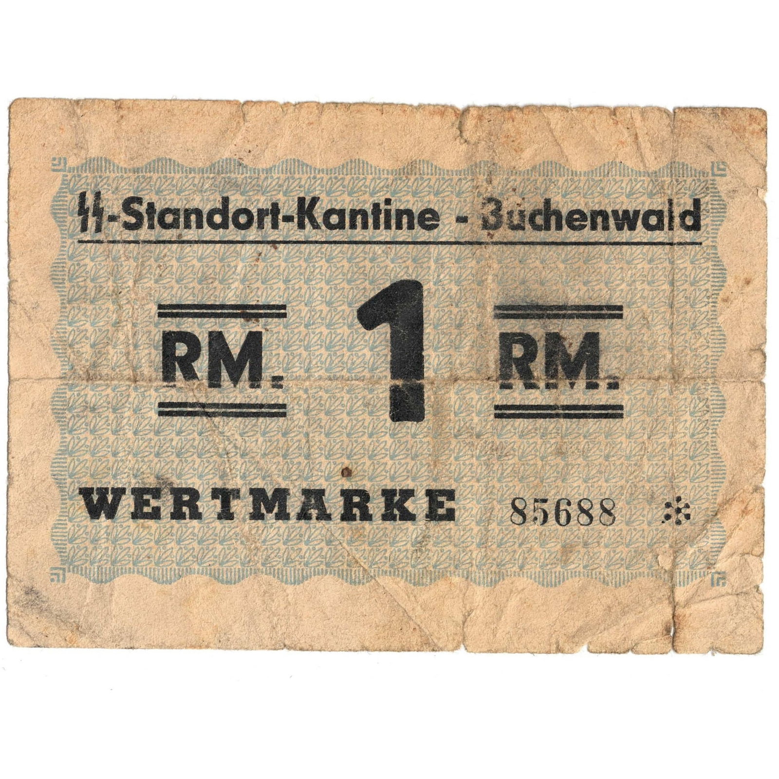 Buchenwald Concentration Camp 1 Reichsmark ND (1939-1944), about Fine details: Campbell 3952a1 : Serial# 85688 * : 1 is round, 'M' of 'RM' with vertical legs Condition Edge tears,11 & 3mm bottom margin & 4mm top margin. Small holes along the central fold Medium Collectibles Lite