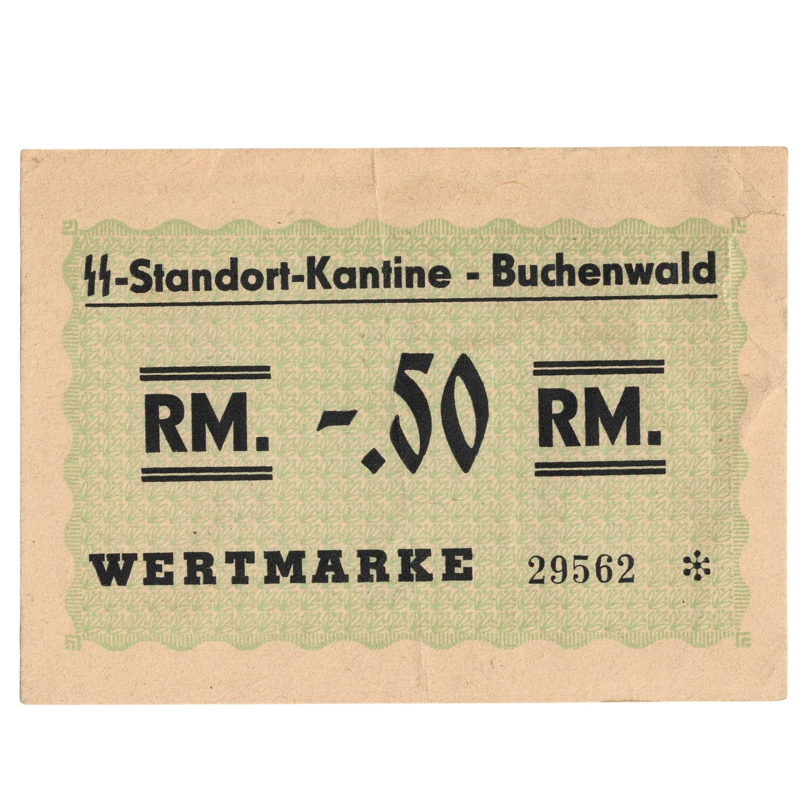 Buchenwald Concentration Camp 0.5 Reichsmark ND (1939-1944), good Extremely Fine details: Campbell 3951a : Serial# 29562 * : 'M' of 'RM' with vertical legs Condition 4mm edge tear top margin Medium Collectibles Literature Camp Money used by the SS