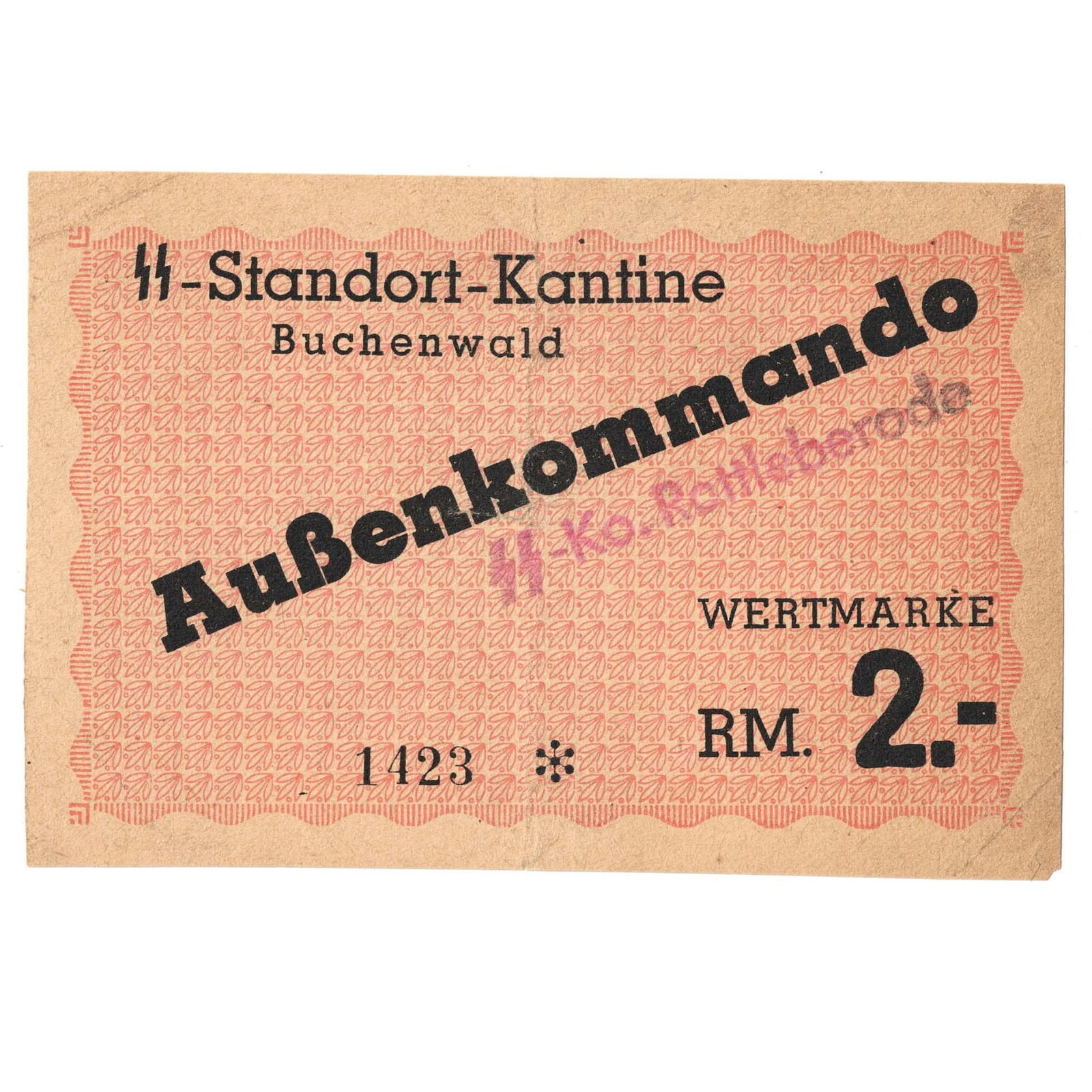 Buchenwald Aussenkommando Slave Labour Concentration Camp 2 Reichsmark ND (1939-1944), EF details: Campbell 3949c : Serial# 1423 * : SS-Ko. Rottleberode Red Overstamp Condition Missing bottom right corner Medium Collectibles Literature Camp Money used by the SS