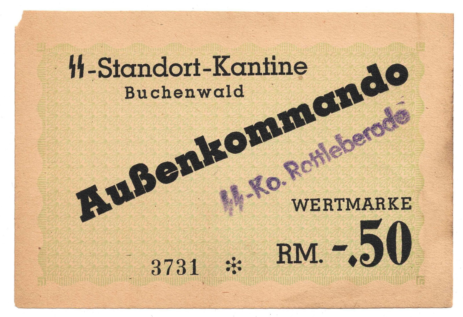 Buchenwald Aussenkommando Slave Labour Concentration Camp 0.5 Reichsmark ND (1939-1944) aUnc details: Campbell 3947d : Serial# 3731 * : SS-Ko. Rottleberode Blue Overstamp Condition Missing top left corner Medium Collectibles Literature Camp Money used by the SS