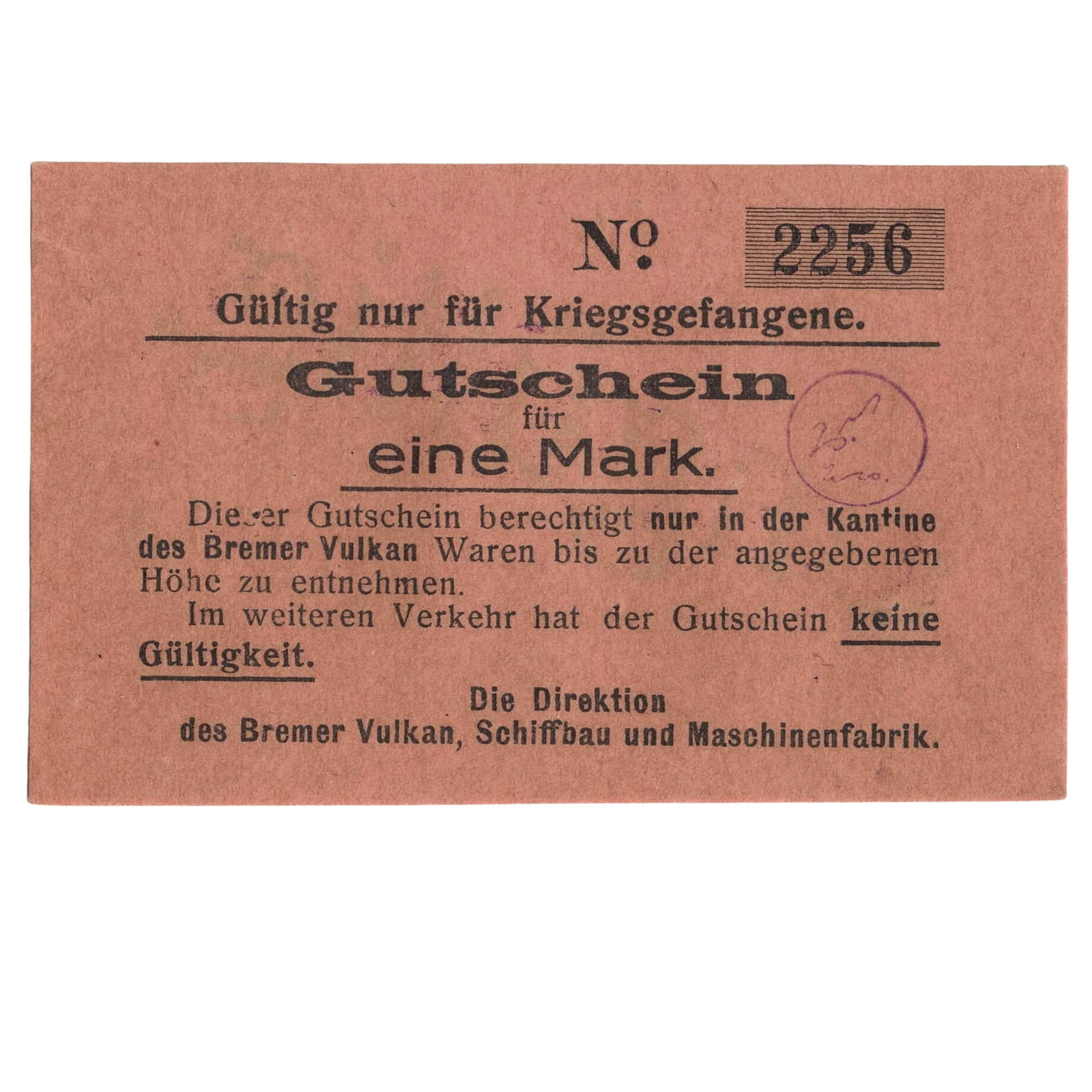 Bremer Vulkan Shipbuilding & Machine Factory Germany Eine (1) Mark Canteen Voucher c.1940s, Uncirc (1 of 2)