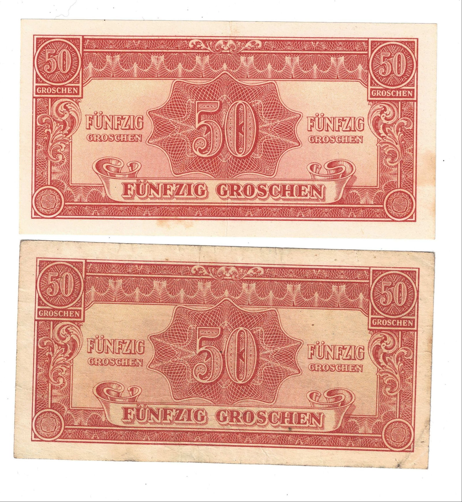 Austria (Allied Military Authority) 1945 Emergency 50 Groschen, VF & EF (2 varieties): Pick# 102a & b. With & without watermark. The first scarce Medium Collectibles