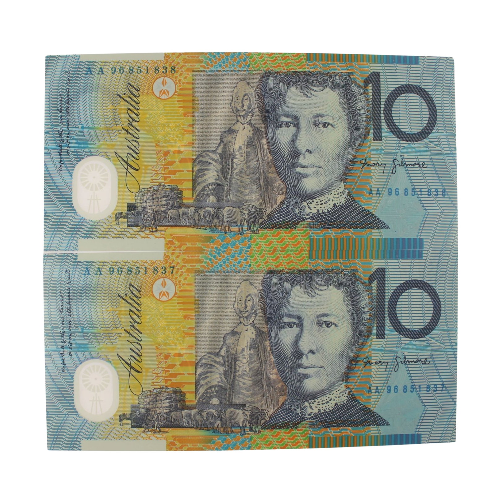 Australia 'Macfarlane - Evans' AA96 - First Prefix $10 (1996), Uncirculated (Consecutive Pair): Renniks# 318aF : Serial# AA96 851837-8. Catalogue value $480 Medium Collectibles
