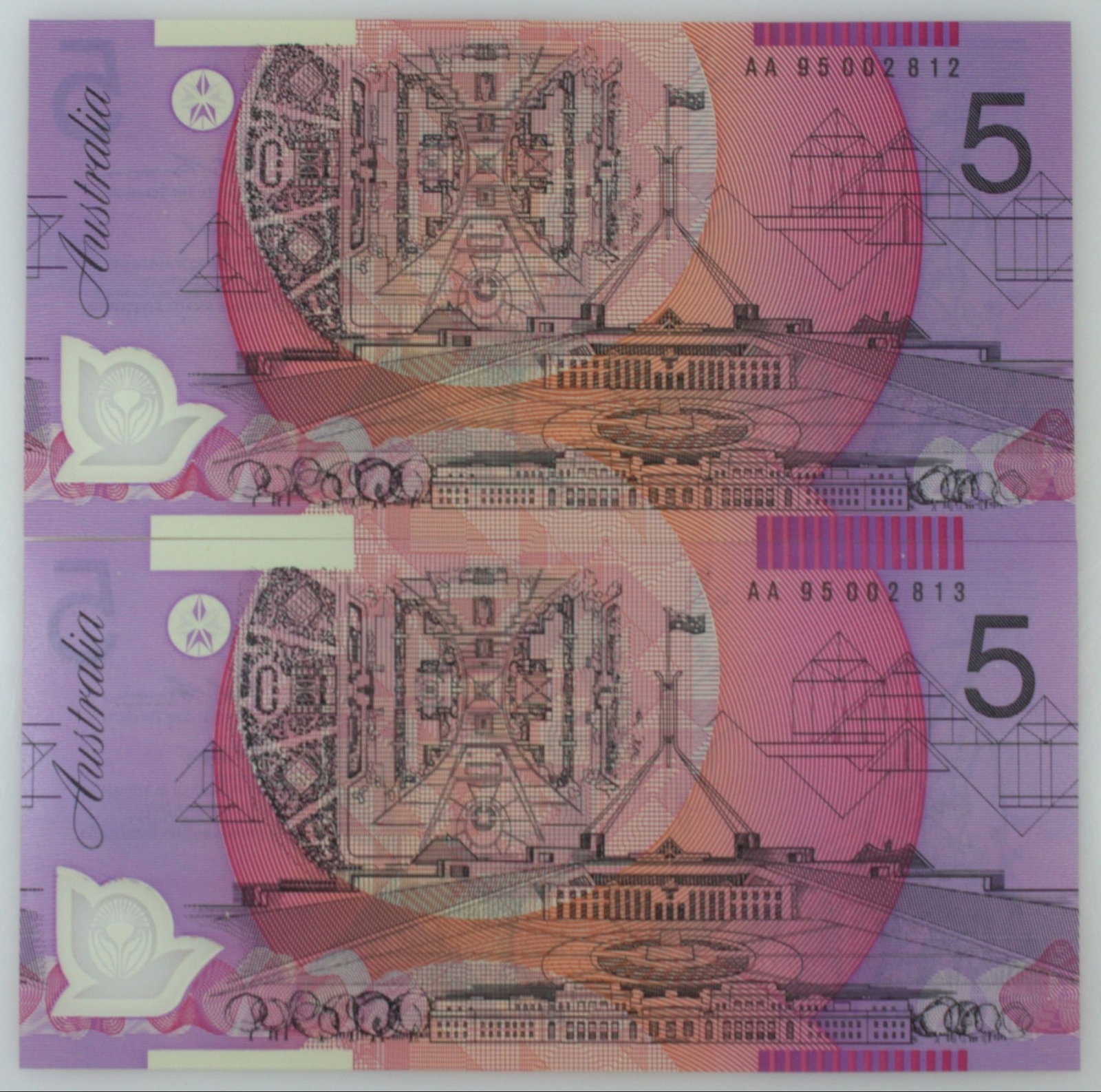 Australia 'Fraser - Evans' AA95 - First Prefix $5's (1995), Uncirculated (Consecutive Pair): Renniks# 217aF : Serial# AA95 002812-13 Medium Collectibles