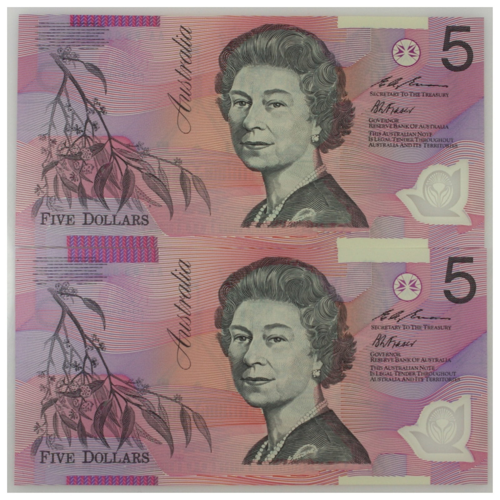 Australia 'Fraser - Evans' AA95 - First Prefix $5's (1995), Uncirculated (Consecutive Pair) - 2