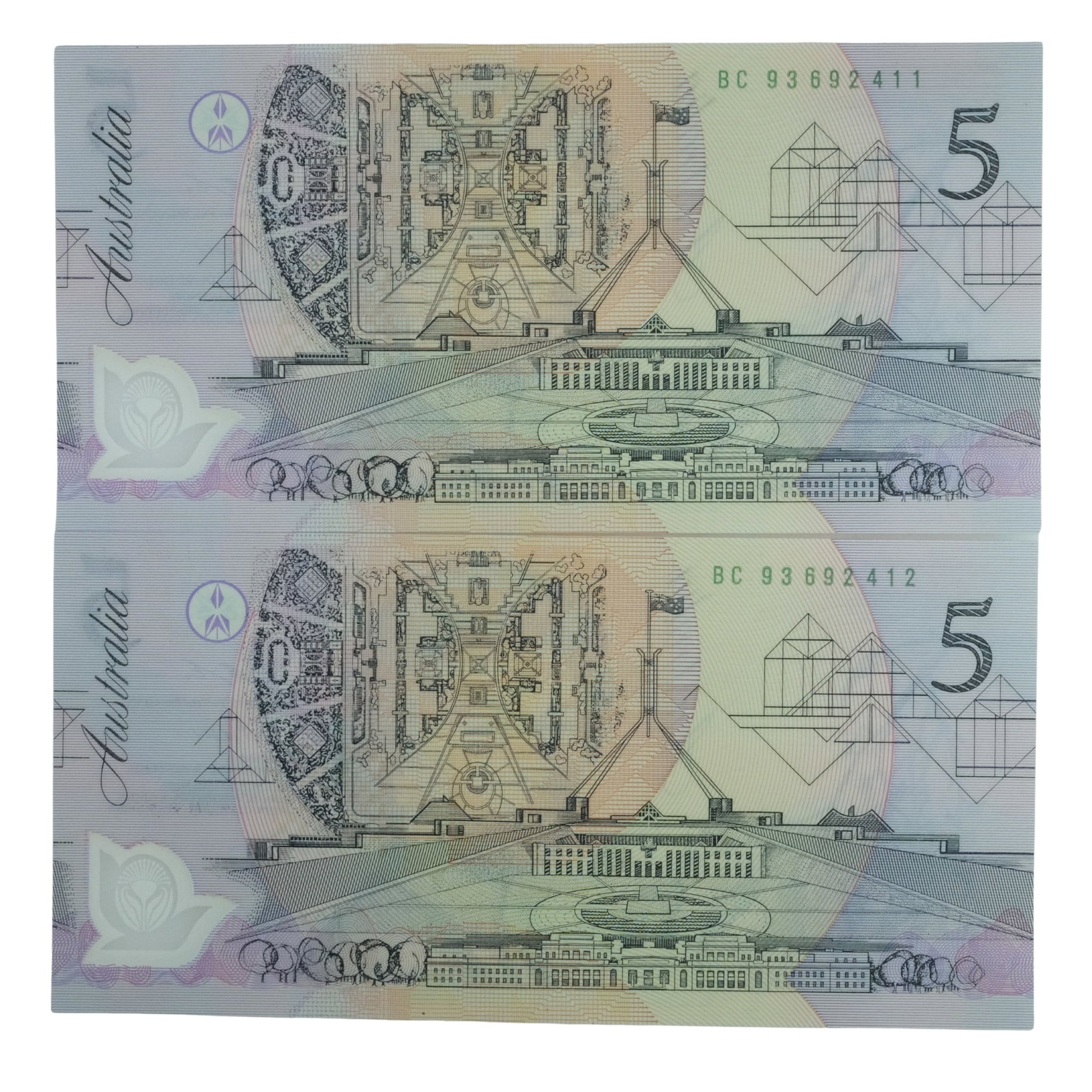 Australia 'Fraser - Evans' Pale Green Serial $5 (1993), Uncirculated (Consecutive Pair): Renniks# 216i. Scarce Medium Collectibles