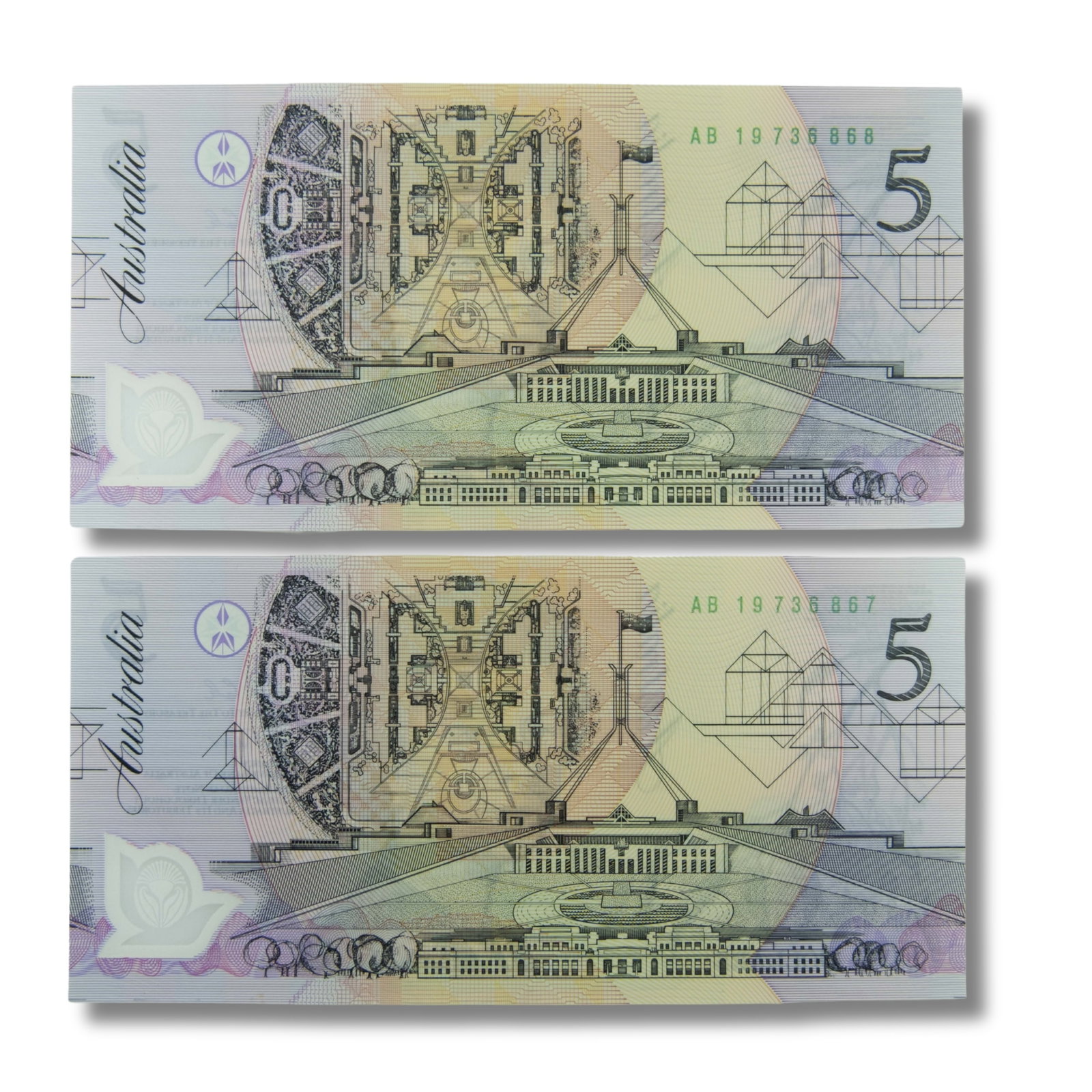 Australia 'Fraser - Cole' AB19 - Last Prefix Pale Green $5 (1992), Uncirculated (Consecutive Pair): Renniks# 214iL : Serial# AB19 736867-8 Medium Collectibles