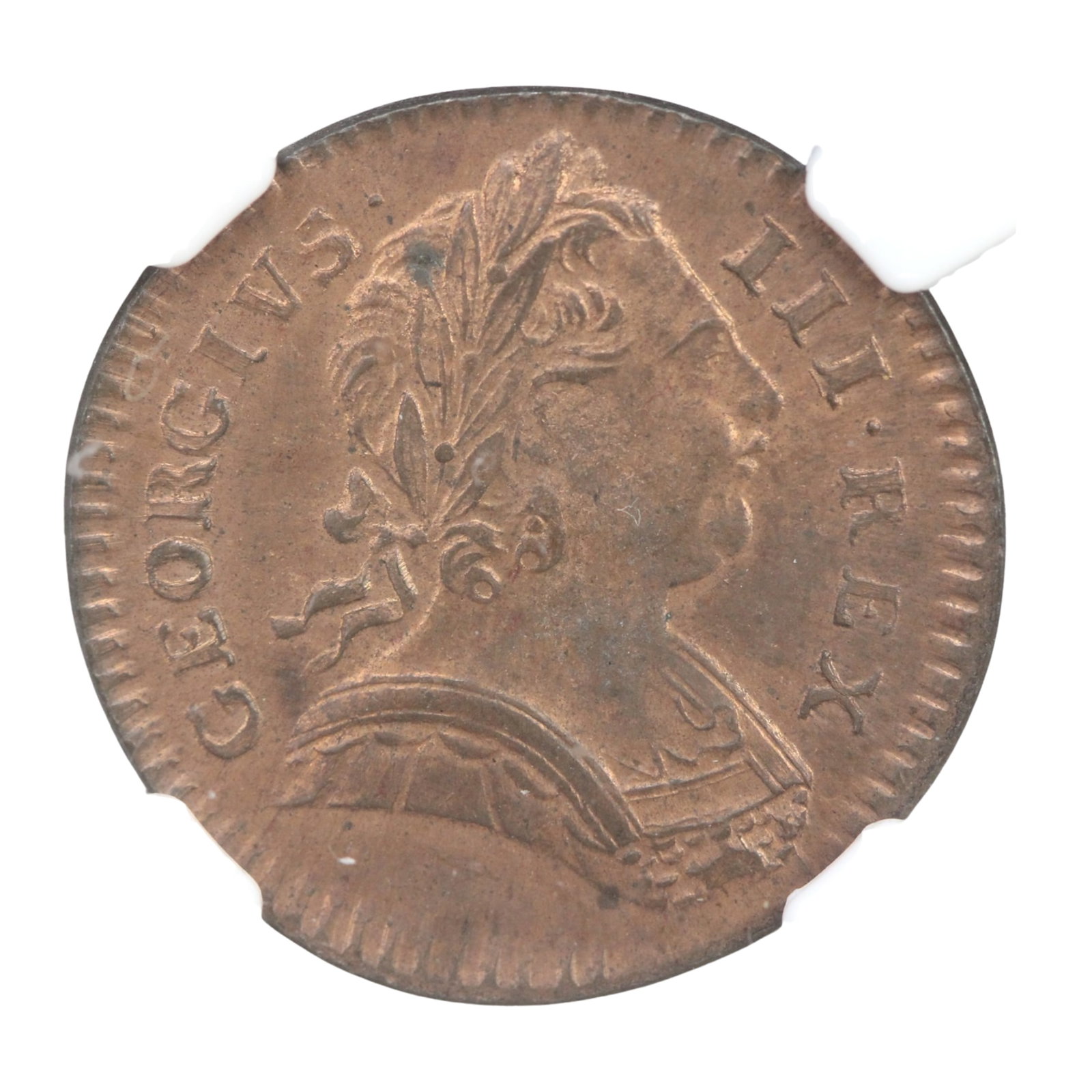 Great Britain 1773 Farthing with 'no stop after Rex' NGC MS 64 RB (1 of 3)