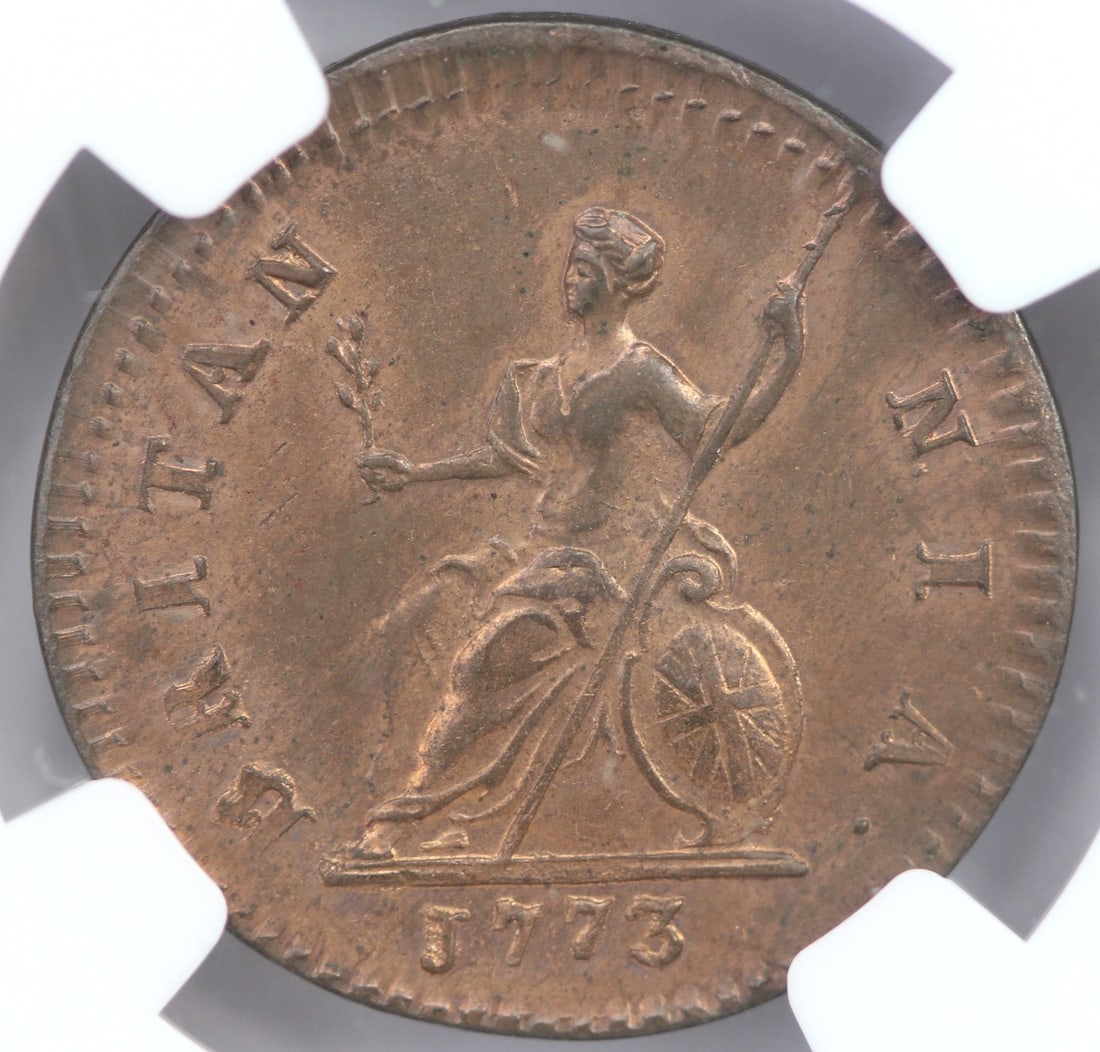 Great Britain 1773 Farthing with 'no stop after Rex' NGC MS 64 RB - 2