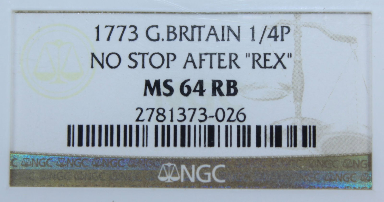 Great Britain 1773 Farthing with 'no stop after Rex' NGC MS 64 RB - 3