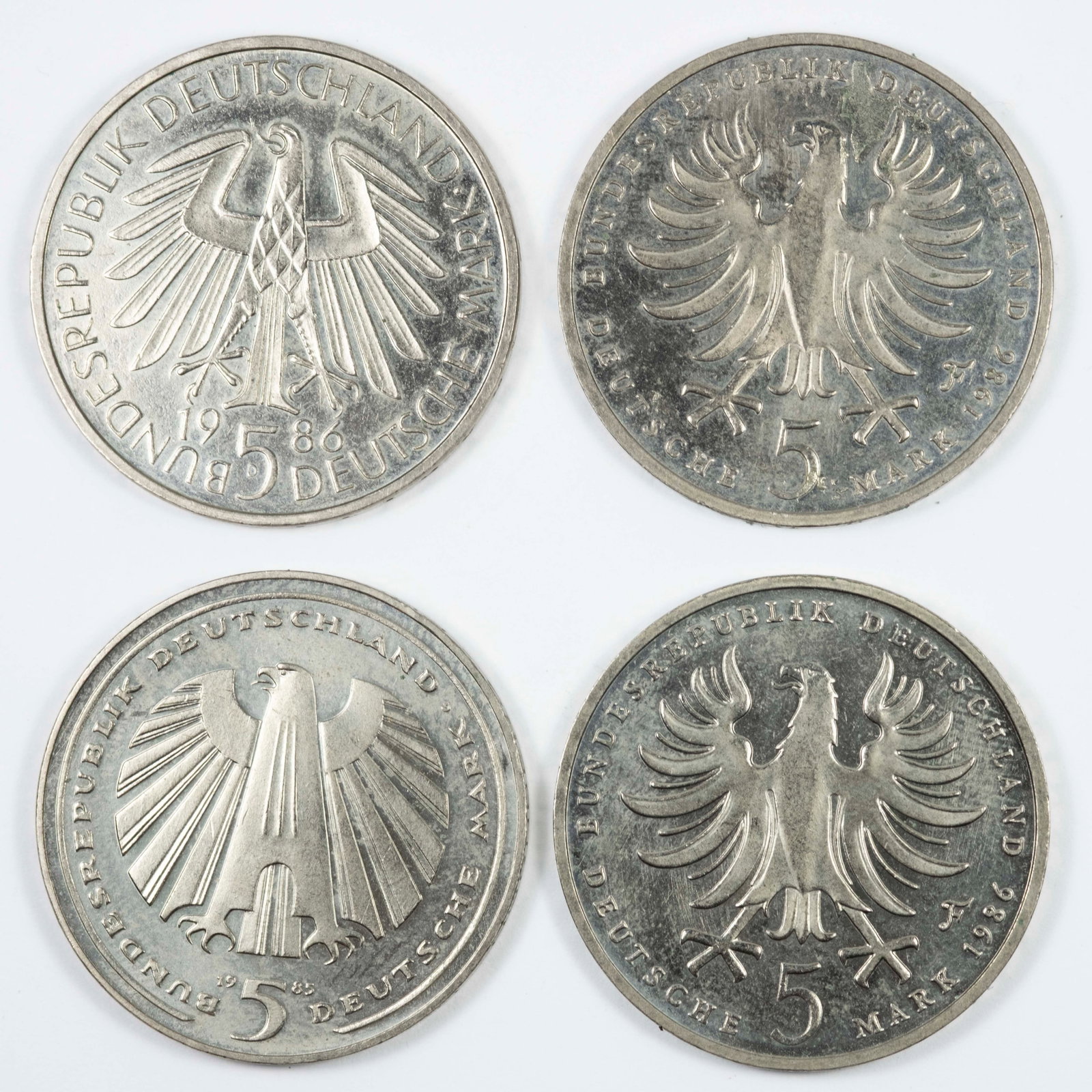 Germany 1985 G, 1986 F(2) & 1986 D 5 Marks, virtually Uncirculated (4 coins) - 2
