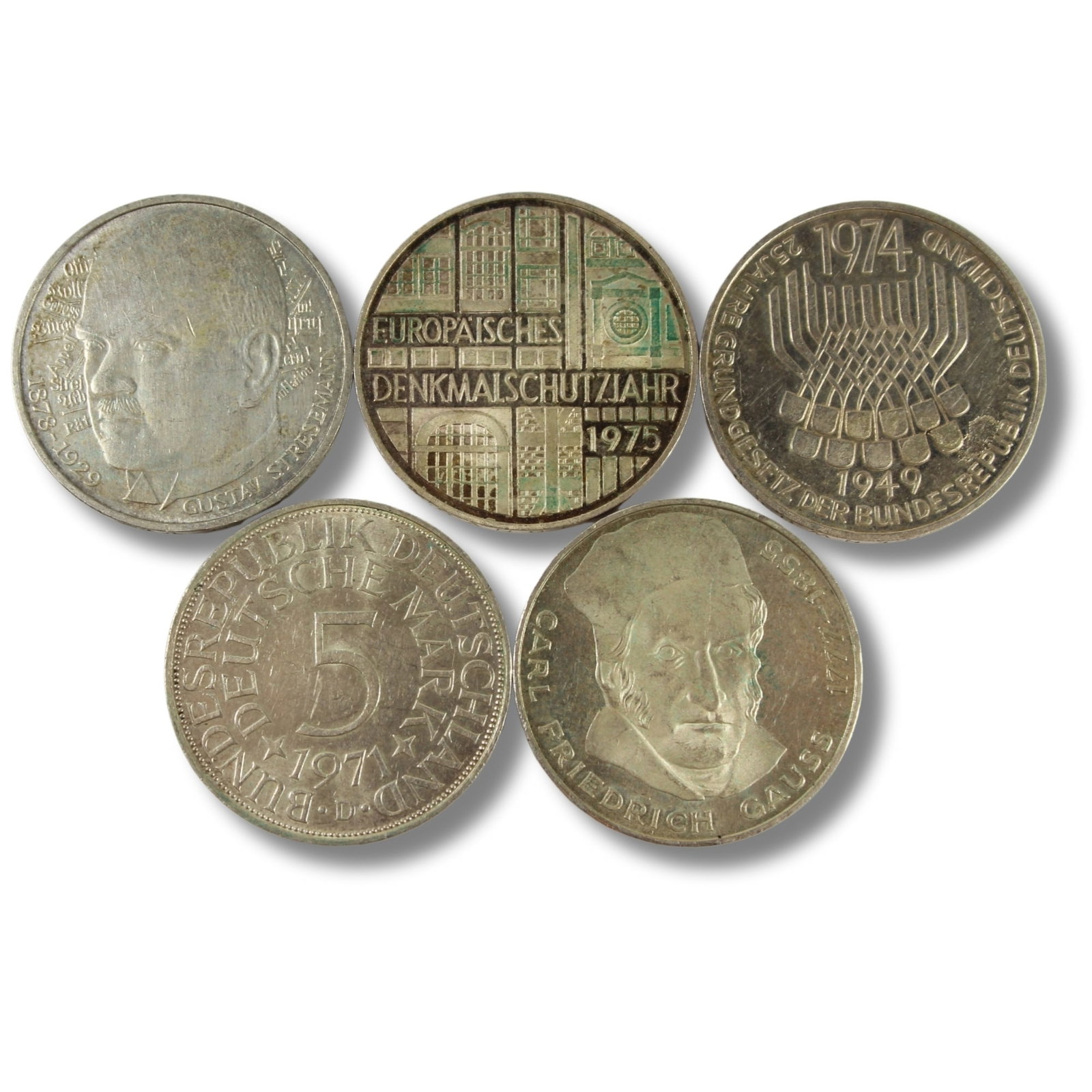 Germany 1971 D 1974 F, 1975 F, 1977 J & 1978 D Silver (625) 5 Marks, Extremely Fine or better (5): Commemoratives Size Combined ASW 1.125 Troy oz Medium Collectibles Exhibited Coins, Europe