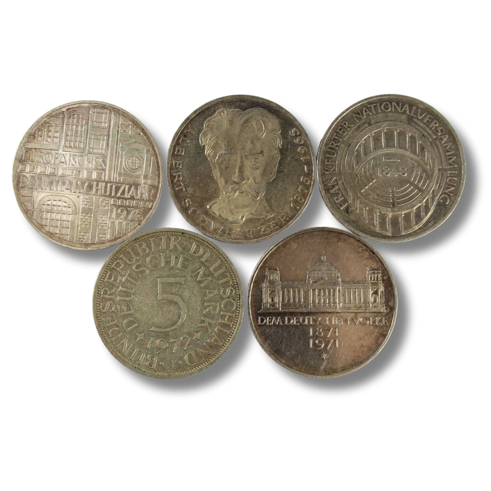 Germany 1971 D 1974 F, 1975 F, 1977 J & 1978 D Silver (625) 5 Marks, Extremely Fine or better (5) - 2