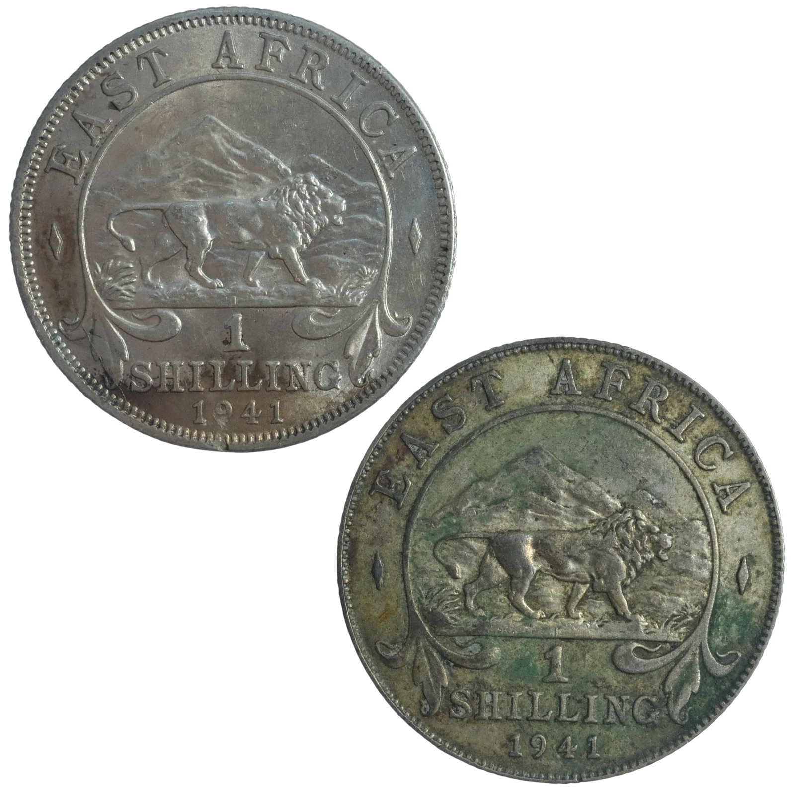 East Africa (British) 1941 Shillings, Large & Small Loop, AU Details & Choice UNC, Both Very Scarce.: KM # 28.1 & 28.2 Condition Patchy toning on 'Large Loop' & Small edge pinch below date on "Large Loop' Medium Collectibles Provenance Ex Mark Freehill Collection