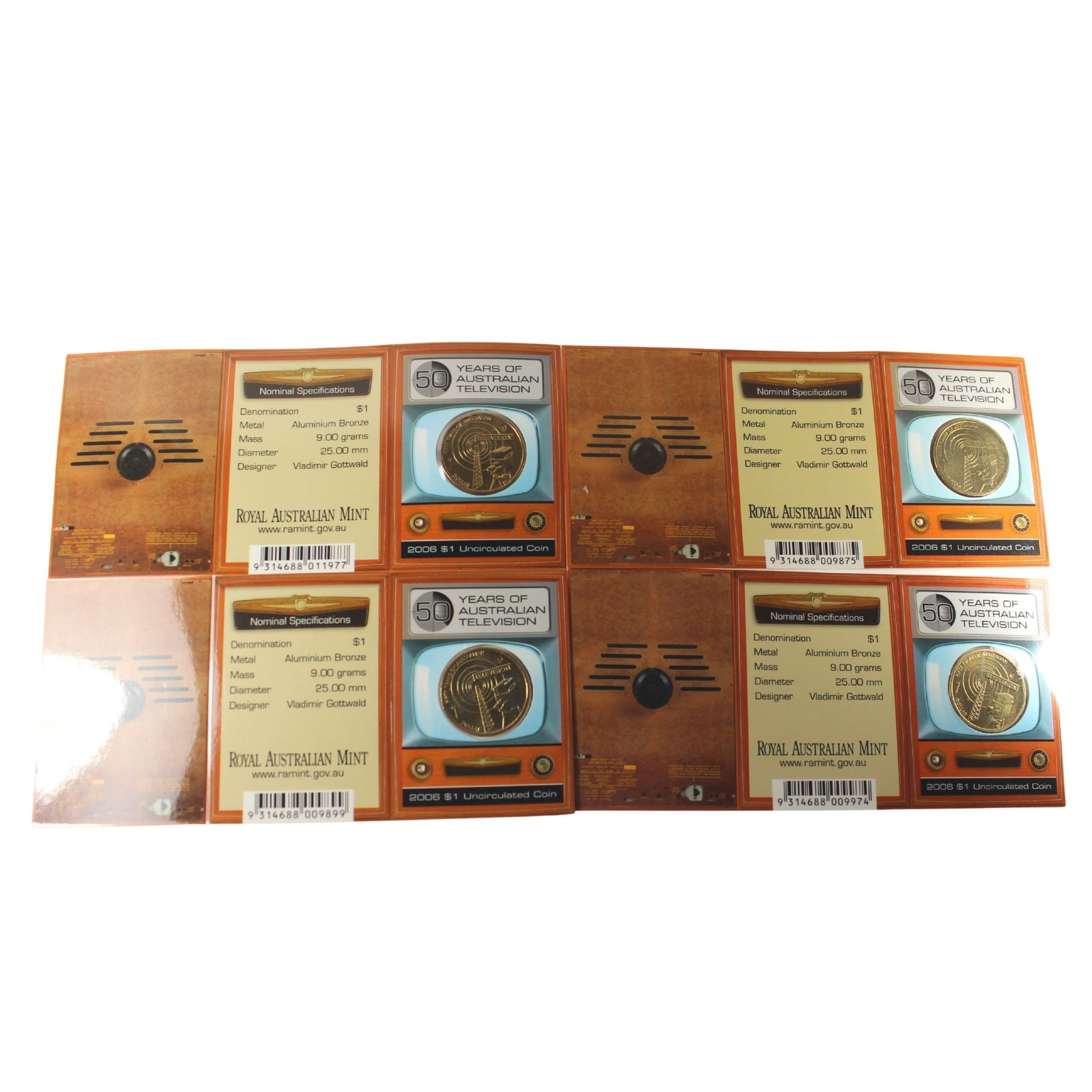 Australia 2006 B, C, M & S '50 Years of Australian Television Al-Br $1's, Uncirculated (4 Coins): . Medium Collectibles Exhibited Coins, Australia & New Zealand