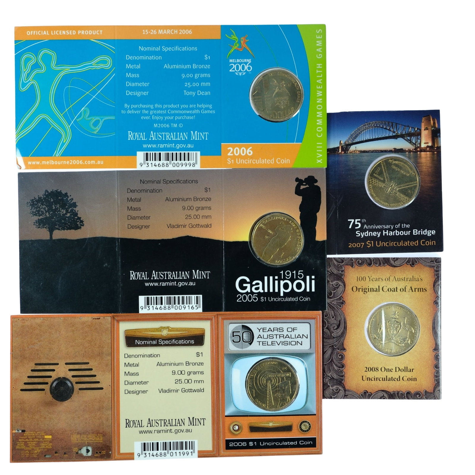Australia 2005 - 2008 Al- Br $1, Uncirculated (5 Different): Includes Gallipoli, Television, Commonwealth Games, Harbour Bridge & Coat of Arms Medium Collectibles