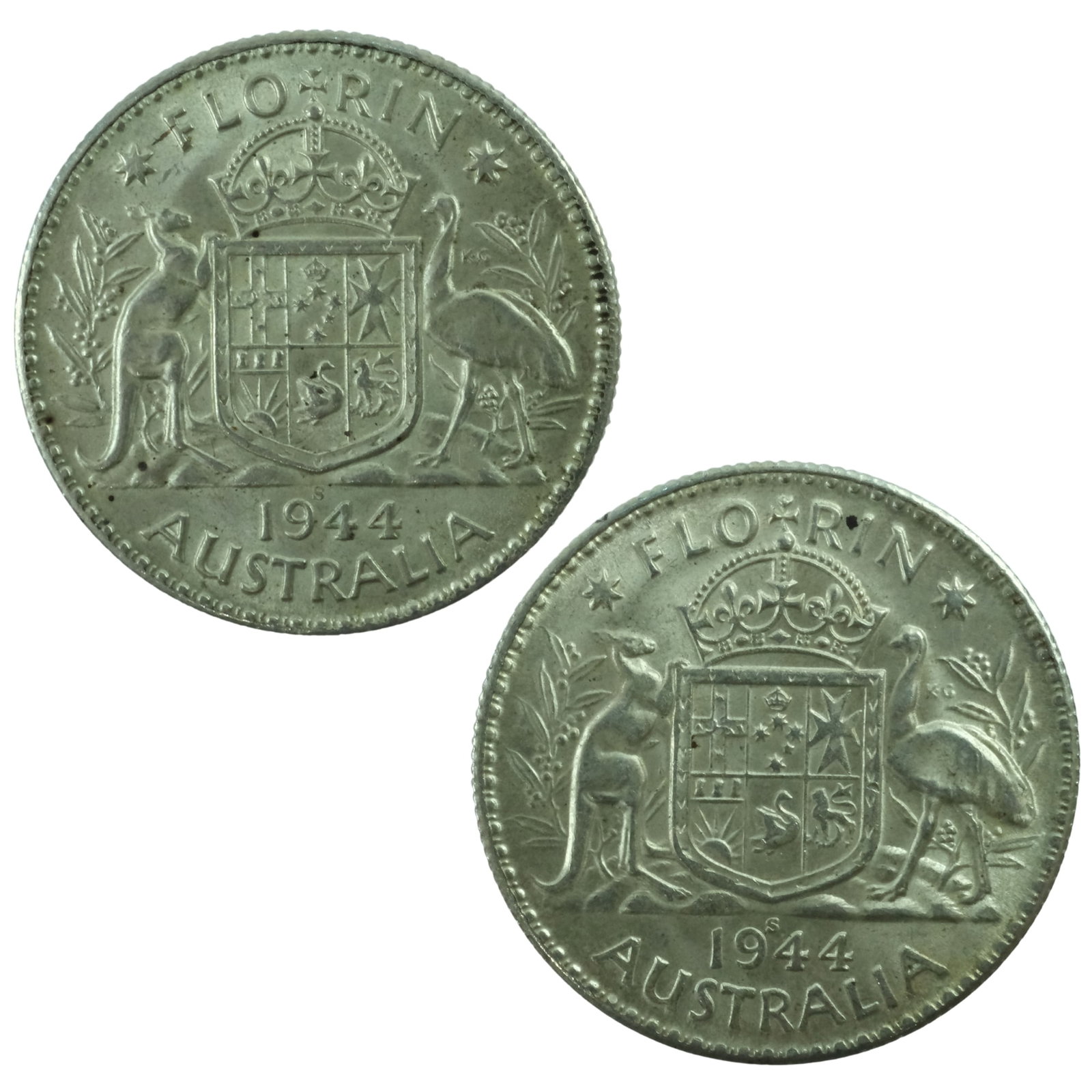 Australia 1944' Serif S' & 'Plain S' Florins, Choice Uncirculated (2 coins): George VI Size ASW 0.6726 Troy oz Medium Collectibles Exhibited Coins, Australia & New Zealand