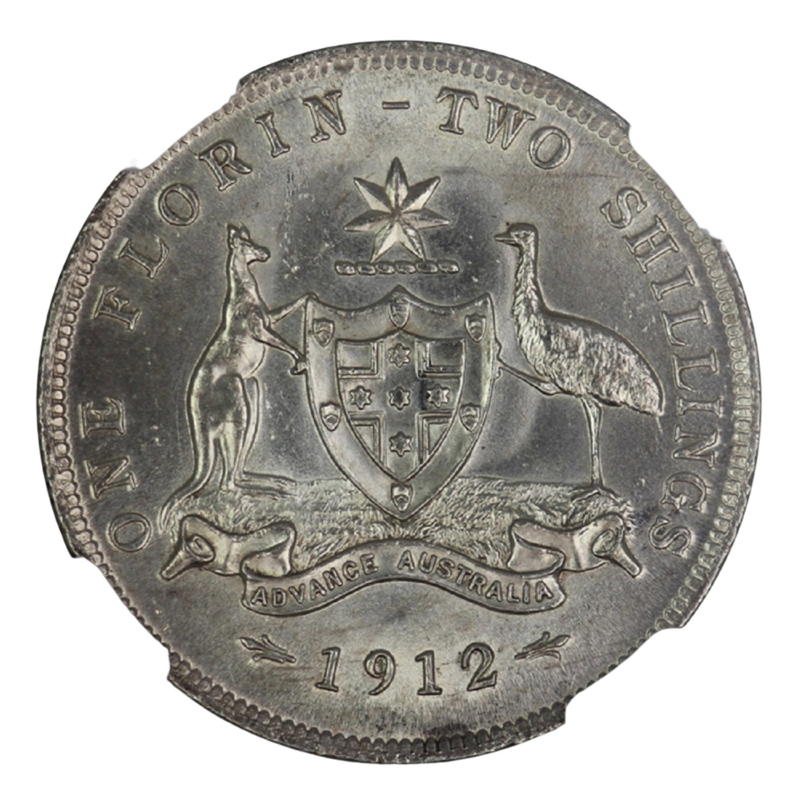 Australia 1912 Florin NGC MS62 (Pop 2): Considered by many as the hardest date to acquire in high grade Condition Choice Uncirculated Medium Collectibles Provenance Ex Jerome Remick Collection. Exhibited Coins, Australia & New Zealand