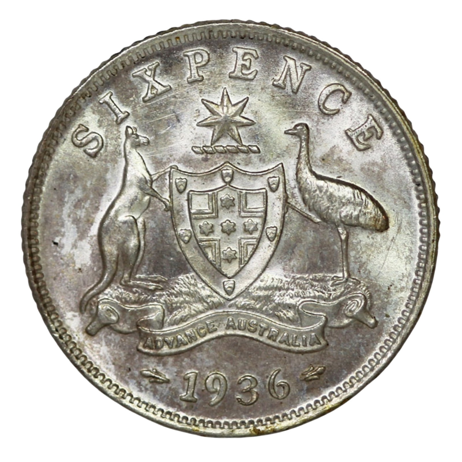 Australia 1936 Sixpence, Gem Uncirculated: George V Condition Lightly toned obverse Medium Collectibles Exhibited Coins, Australia & New Zealand
