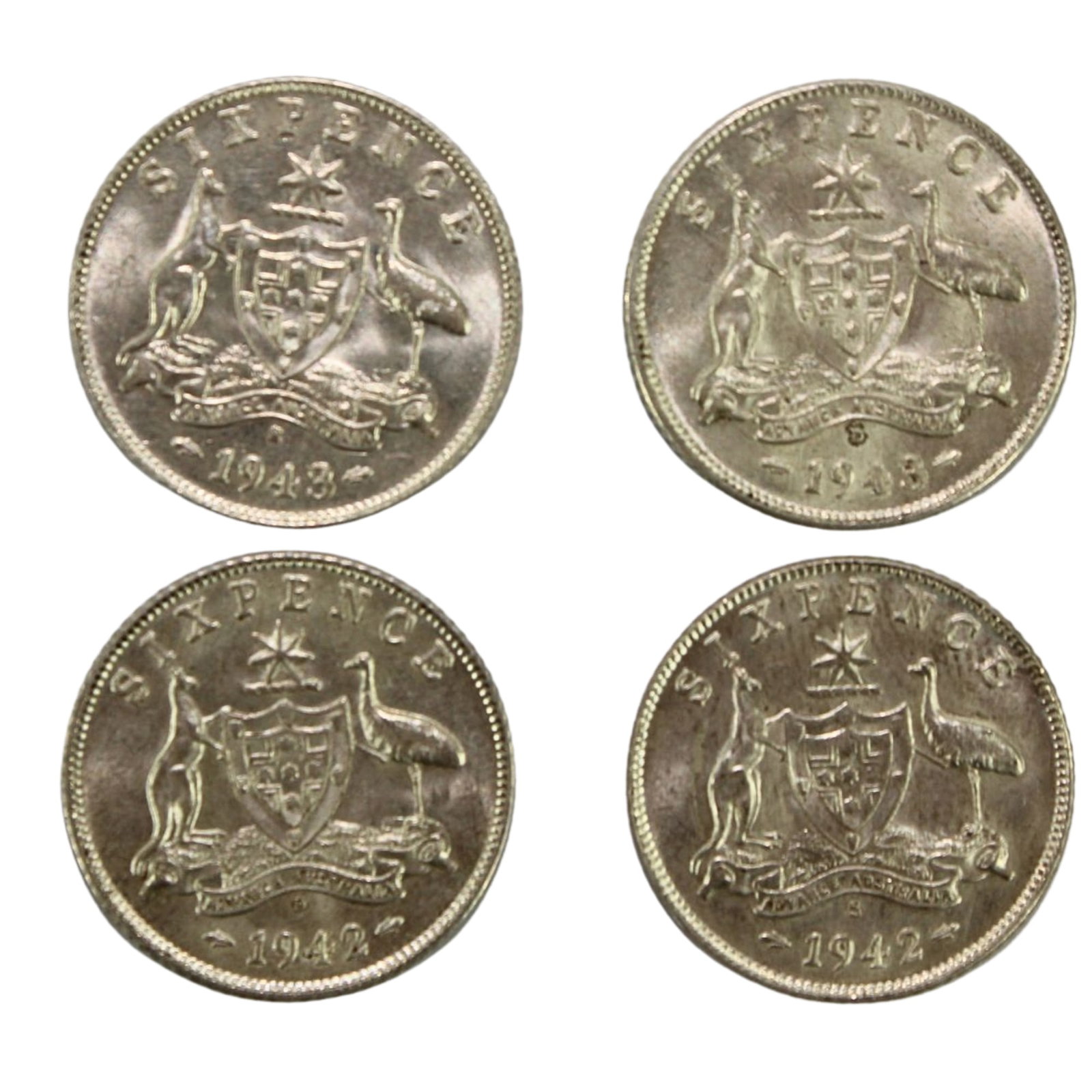 Australia 1942 D & S & 1943 D & S Sixpences, about Uncirculated or Better (4 coins): Denver & San Francisco Mints Medium Collectibles