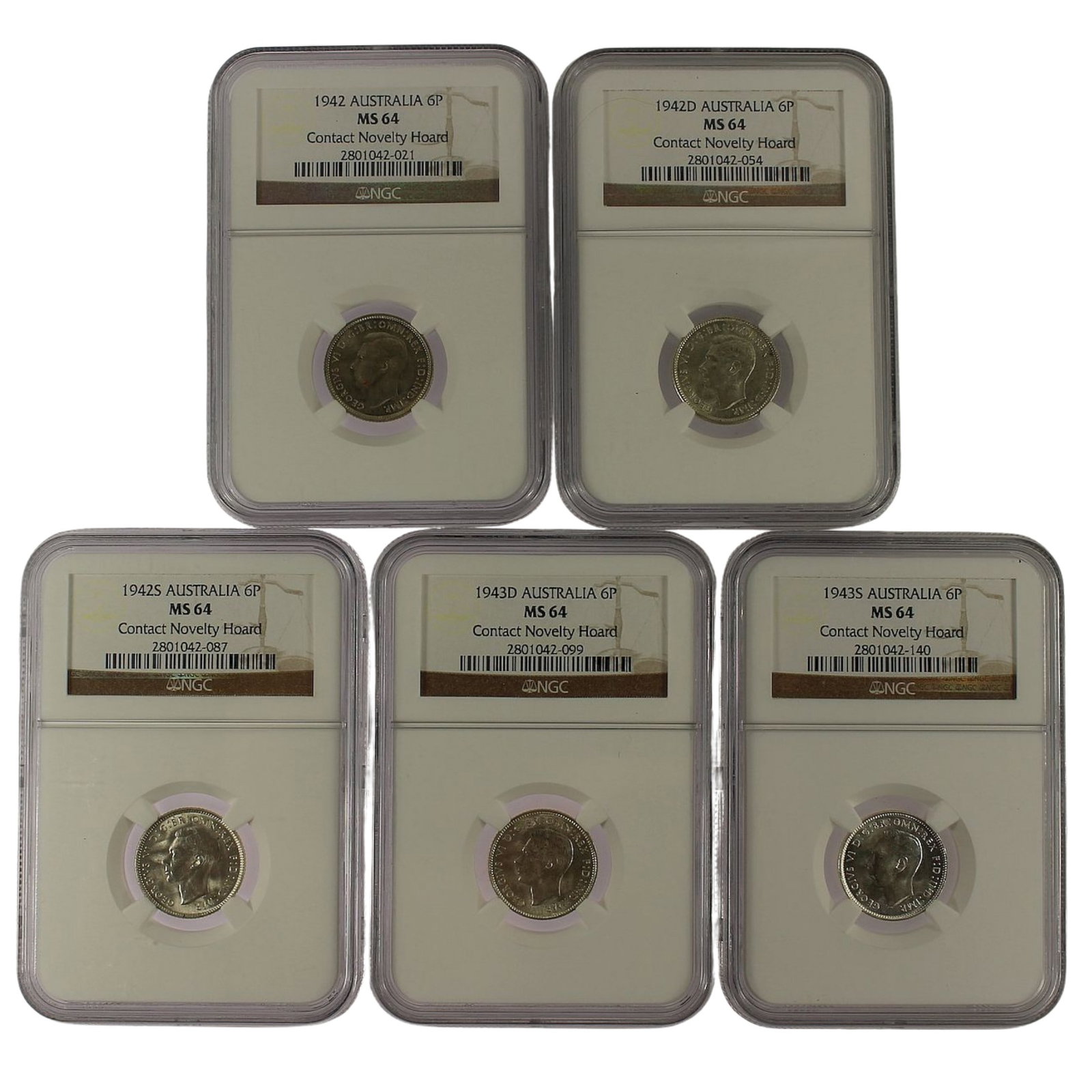 Australia 1942 (M), 1942 (D), 1942 (S), 1943 (D) & 1943 (S) Sixpences, All NGC MS64 (1 of 11)