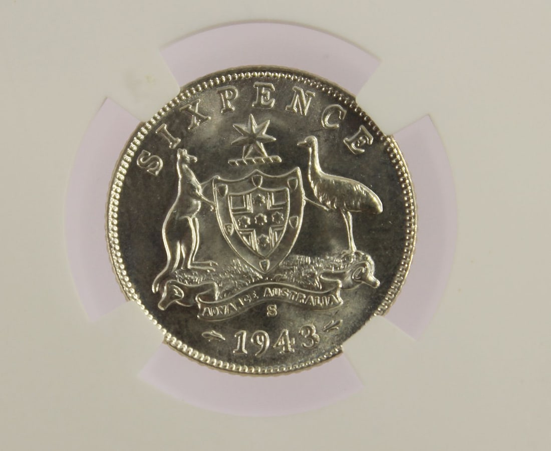Australia 1942 (M), 1942 (D), 1942 (S), 1943 (D) & 1943 (S) Sixpences, All NGC MS64 - 4