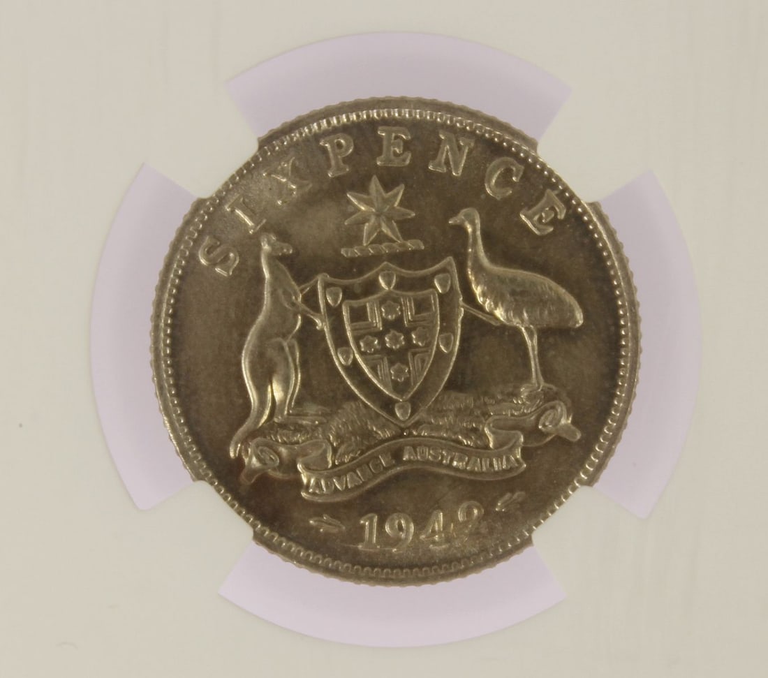 Australia 1942 (M), 1942 (D), 1942 (S), 1943 (D) & 1943 (S) Sixpences, All NGC MS64 - 5
