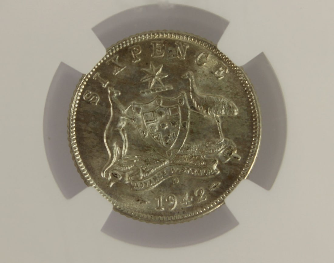 Australia 1942 (M), 1942 (D), 1942 (S), 1943 (D) & 1943 (S) Sixpences, All NGC MS64 - 7