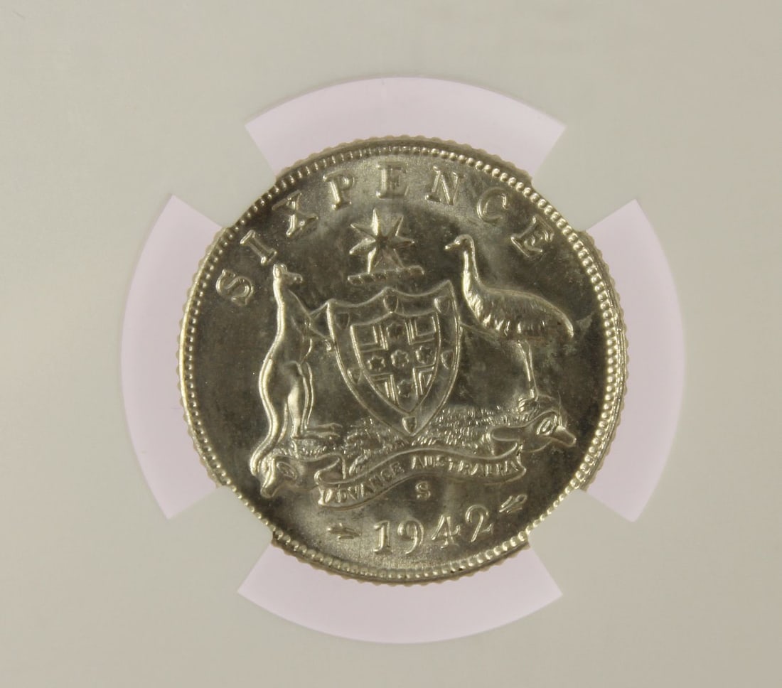 Australia 1942 (M), 1942 (D), 1942 (S), 1943 (D) & 1943 (S) Sixpences, All NGC MS64 - 9