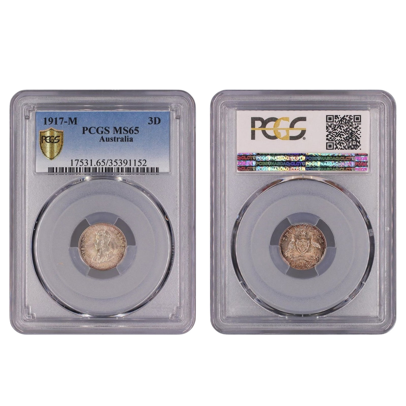 Australia 1917 M Threepence, PCGS MS65: Population 17 / Higher 5 Medium Collectibles