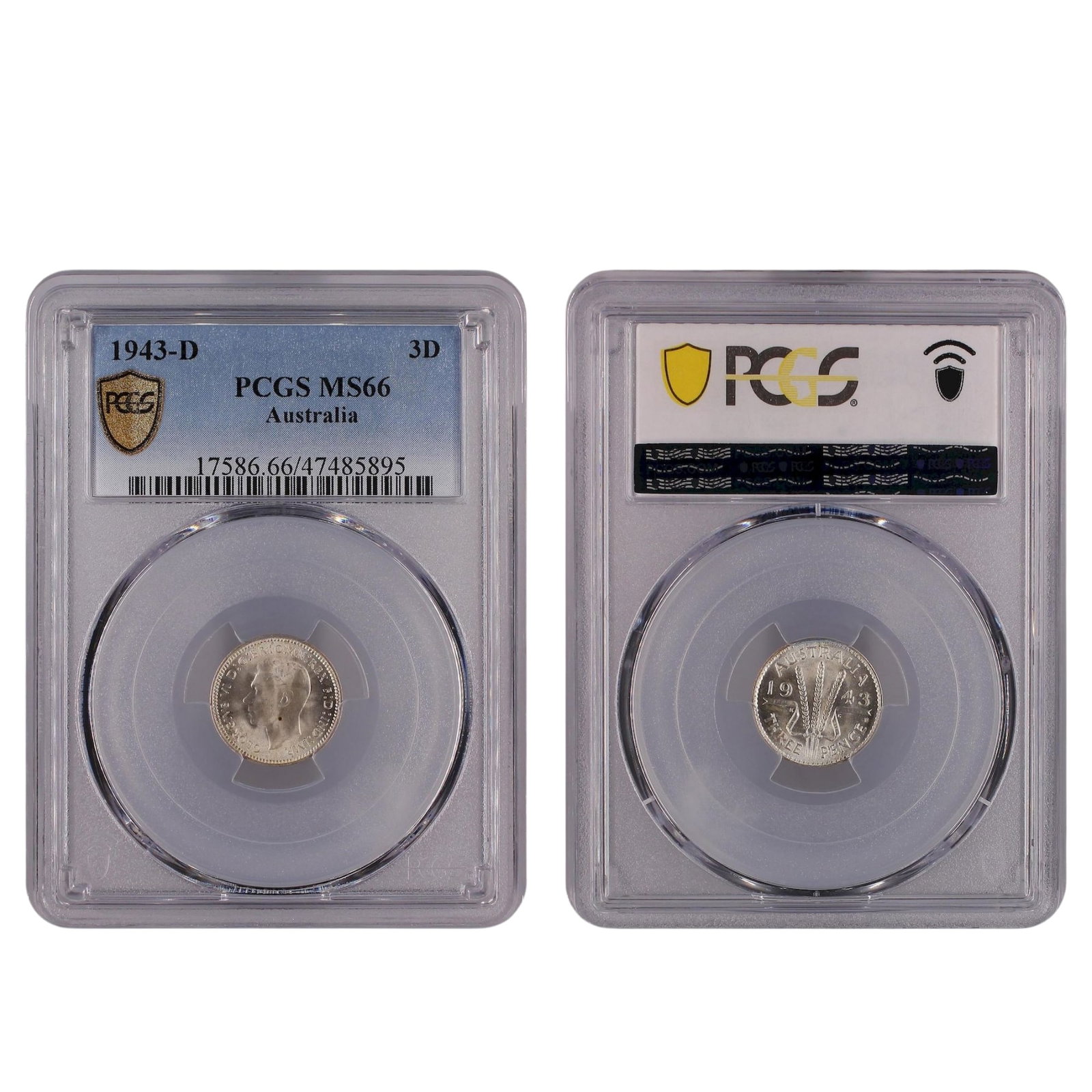 Australia 1943 D Threepence, PCGS MS66: Population 103 / Higher 12 . Denver Mint. Medium Collectibles Exhibited Coins, Australia & New Zealand
