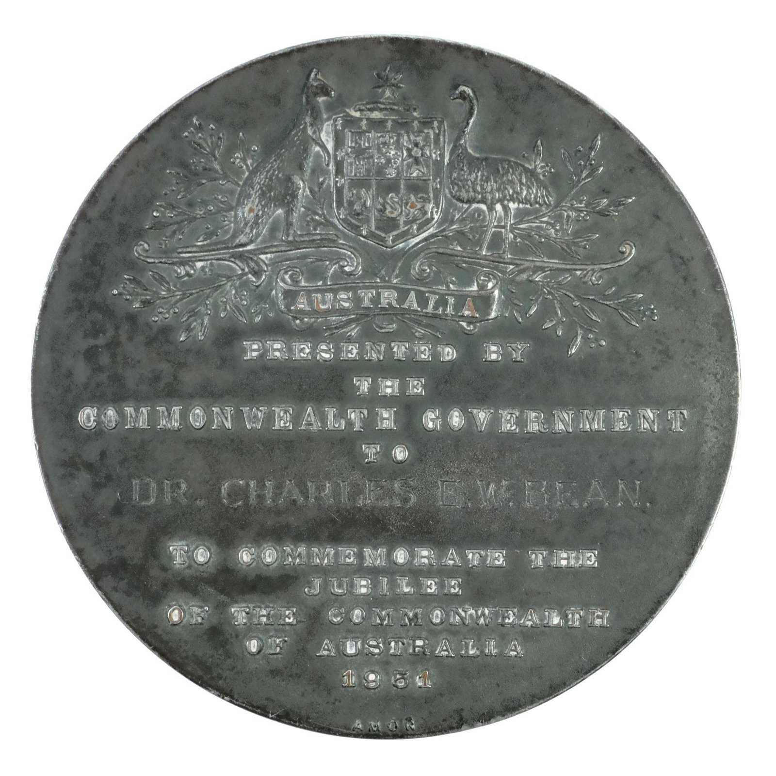 Australia 1951 'Jubilee of the Commonwealth' Medal in Silvered Bronze: Carlisle# 1951/7. Inscribed to Dr Charles E.W. Bean, the author of "The Official History of Australia in the War of 1914 -1918" Size Diameter 63mm Medium Collectables