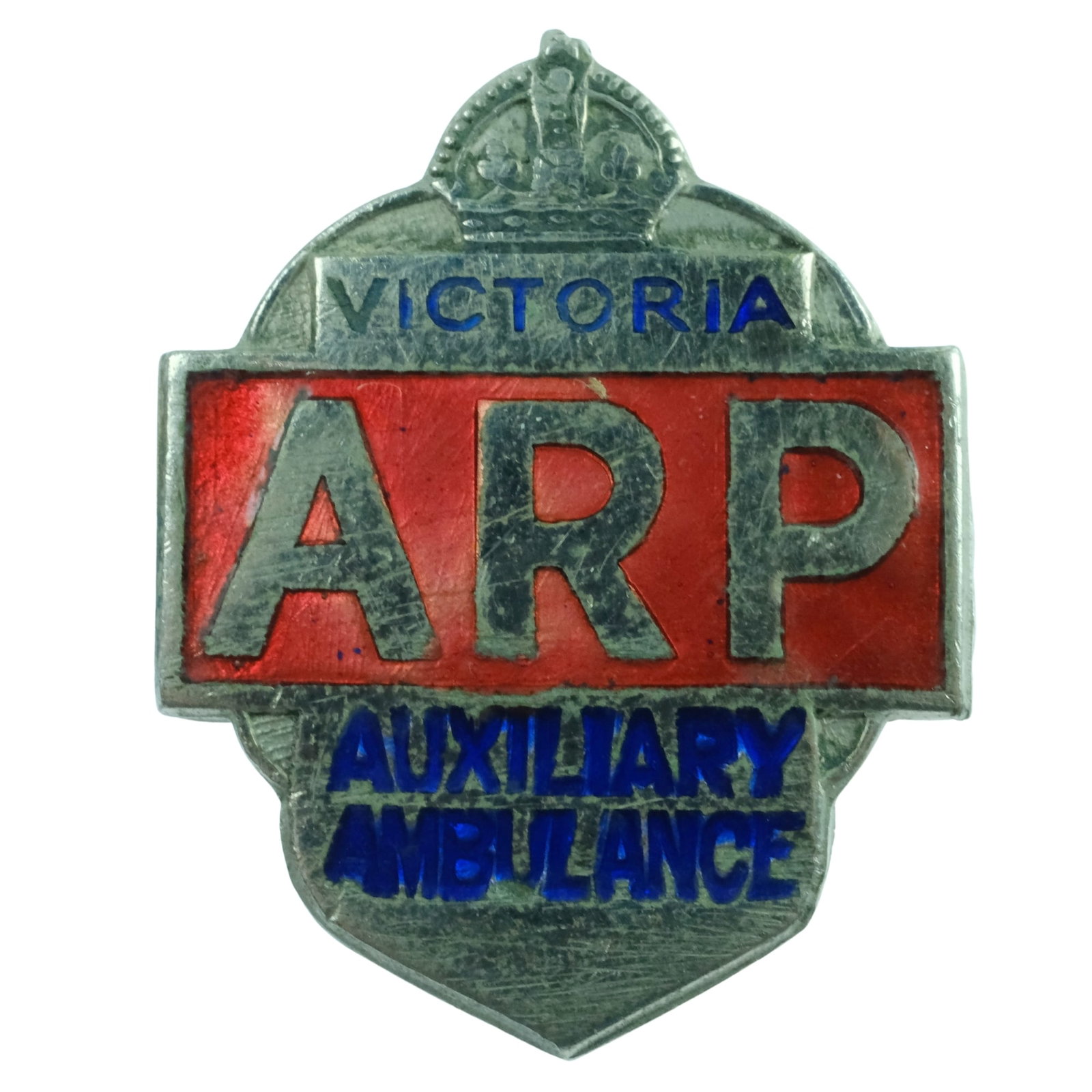 Australia - WWII 'ARP Victoria Auxiliary Ambulance' Enamelled Lapel Badge: Issued by the State Emergency Council. A(ir) R(aid) P(recautions) was set up during WWII in anticipation of the Anti-aircraft Defense services provided during the London Blitz Size 32x26mm Medium