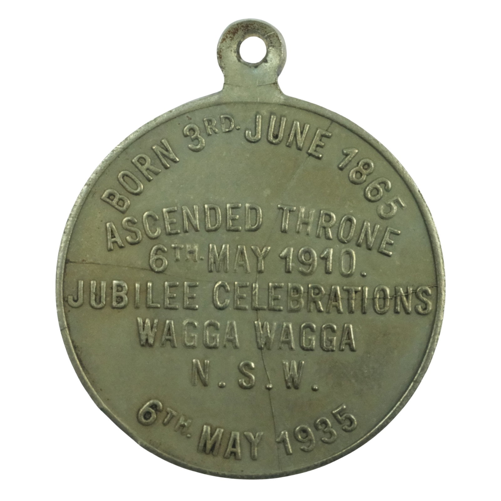 Australia 1935 Wagga Wagga 'Jubilee of George V' Silvered Bronze Medalet, about Uncirculated: Carlisle# 1935/2. Struck on fractured die Size Diameter 25mm Medium Collectables