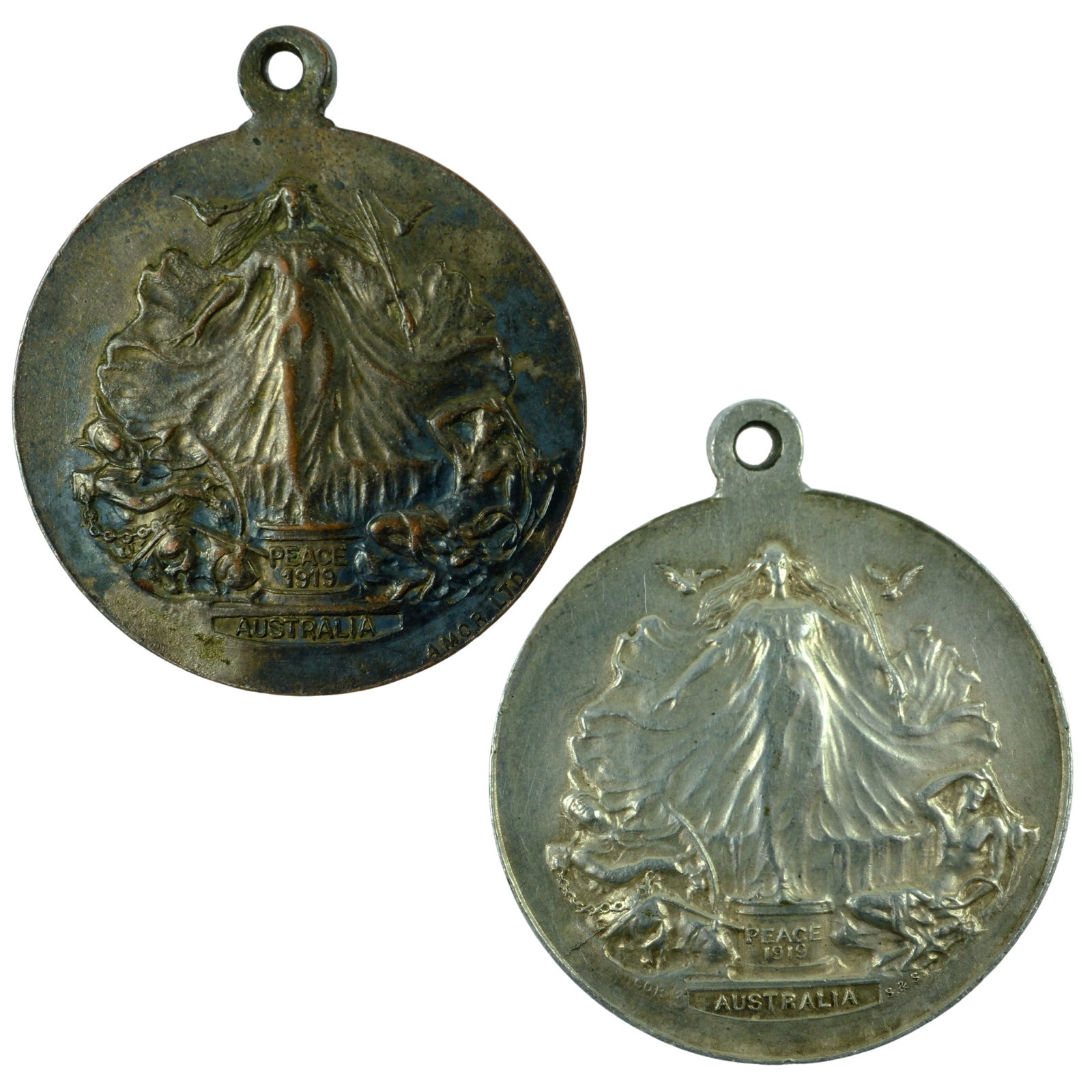 Australia 1919 'Peace' Medalets in Bronze & Silvered Bronze, about Unc & Brilliant Unc: Carlisle# 1919/2. The first struck by Amor & the second by Stokes & Son Size Diameters 27mm Medium Collectables