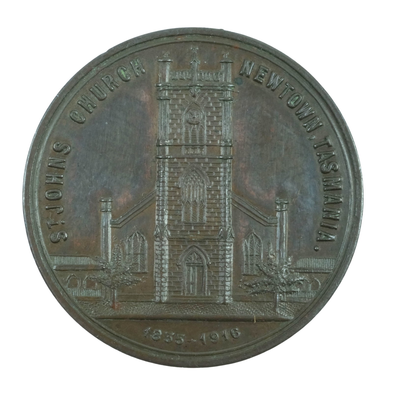 Australia 1916 Bronze Fund-raising Medalet for 'St John's Church, Newtown' (Tasmania), Uncirc: Carlisle# 1916/9. 3,000 were struck from the Original Church Bell Size Diameter 30mm Medium Collectables