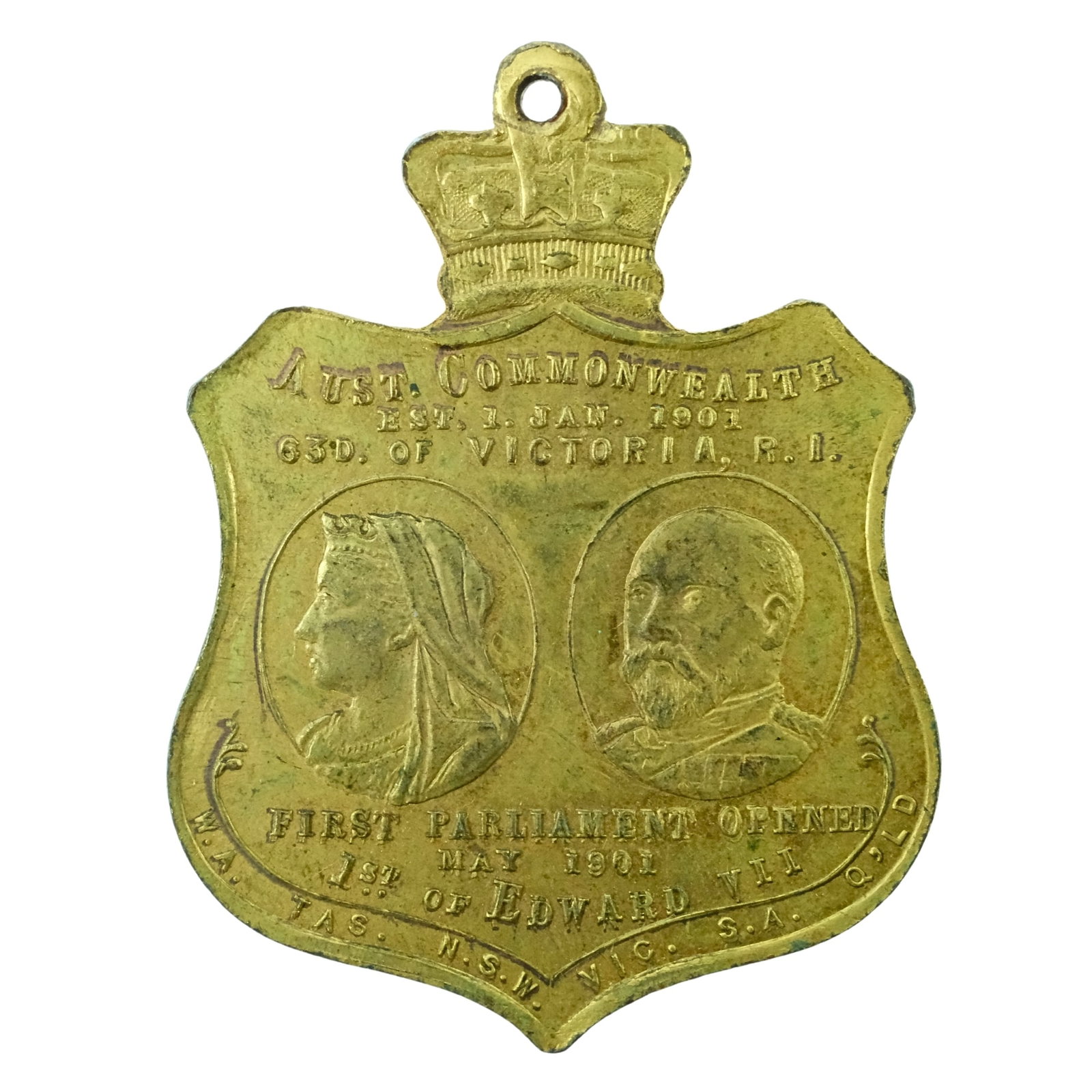 Australia 1901 'Opening of Federal Parliament' Gilt Bronze Medalet, Choice Unc with Original Ribbon: Carlisle# 1901/2 Size 37x29mm Medium Collectables