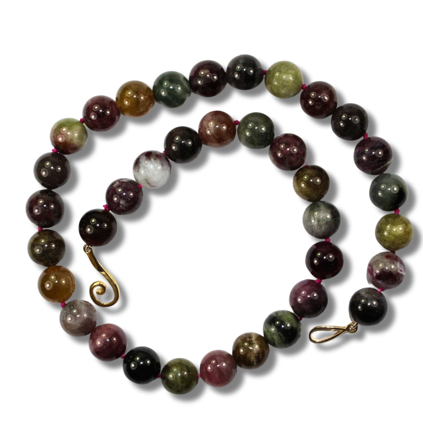 Multi-coloured Tourmaline Necklace with distinctive Gilt Silver Clasp: . Size Length 42cms Medium Jewelry