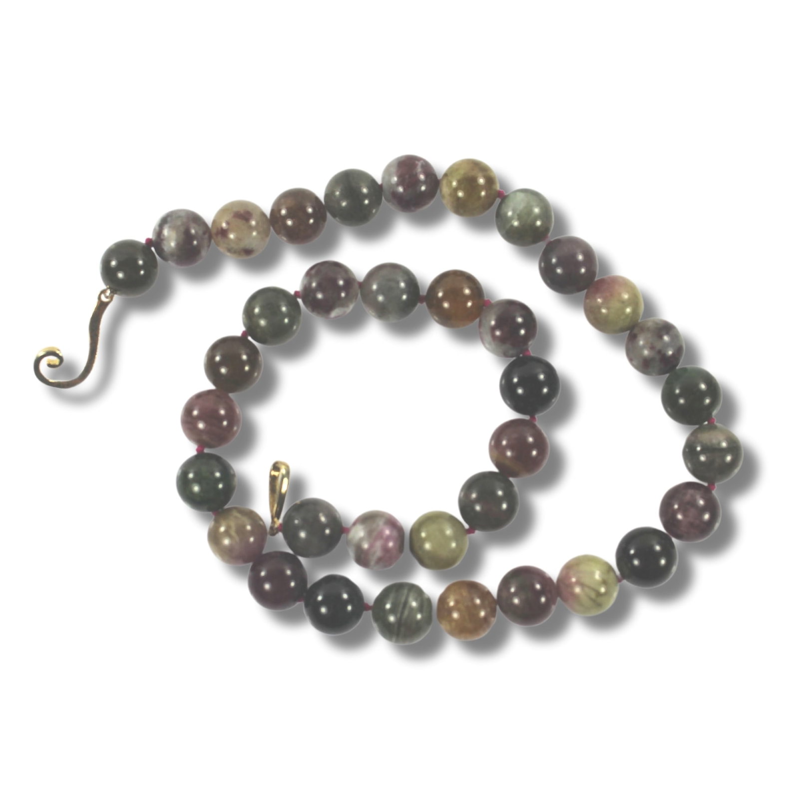 Multi-coloured Tourmaline Bead Necklace with Gilt Sterling Silver Clasp: . Size Open length 47cms : Bead size 7mm Medium Jewelry