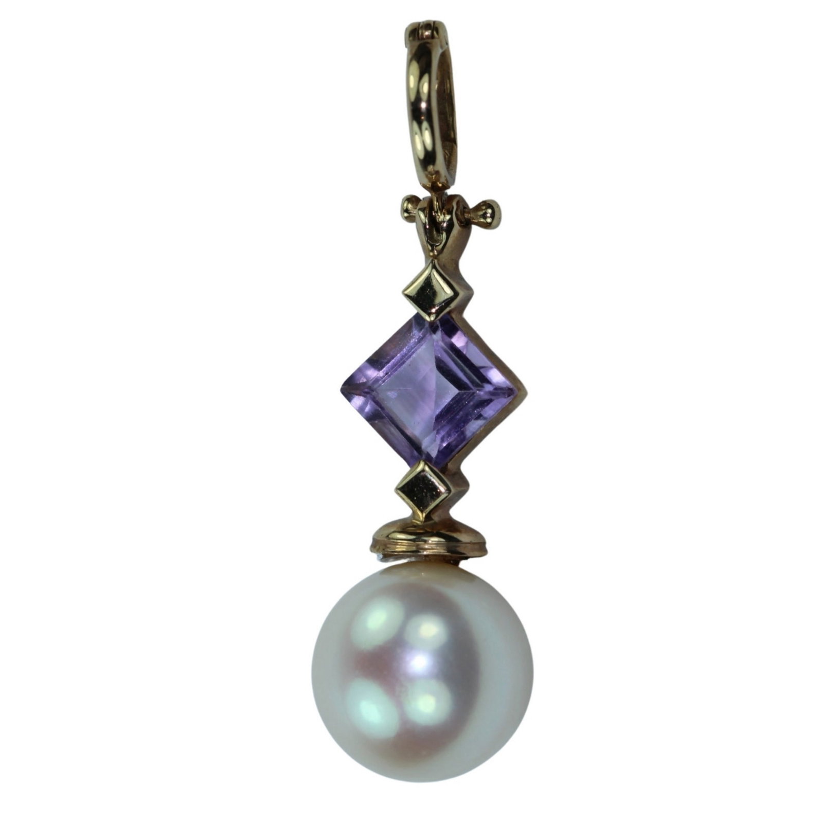 Elegant Designer Enhancer or Pendant in 9ct Yellow Gold: Offset square Amethyst at centre with Broome Pearl at base Size Total weight 4.32gms : Length 4cms Medium Jewelry