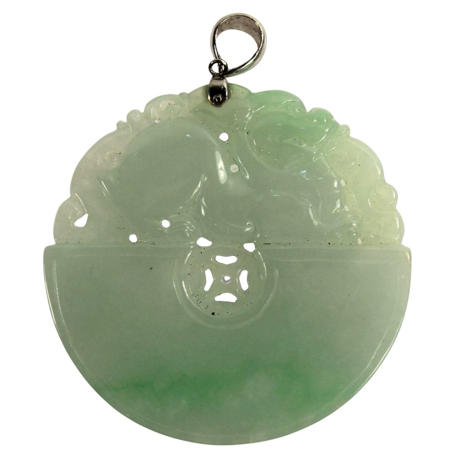 Exquisitely carved Chinese Jade Pendant with 18ct White Gold Suspension Loop: Quality Size Diameter 4.5cms Medium Jewelry