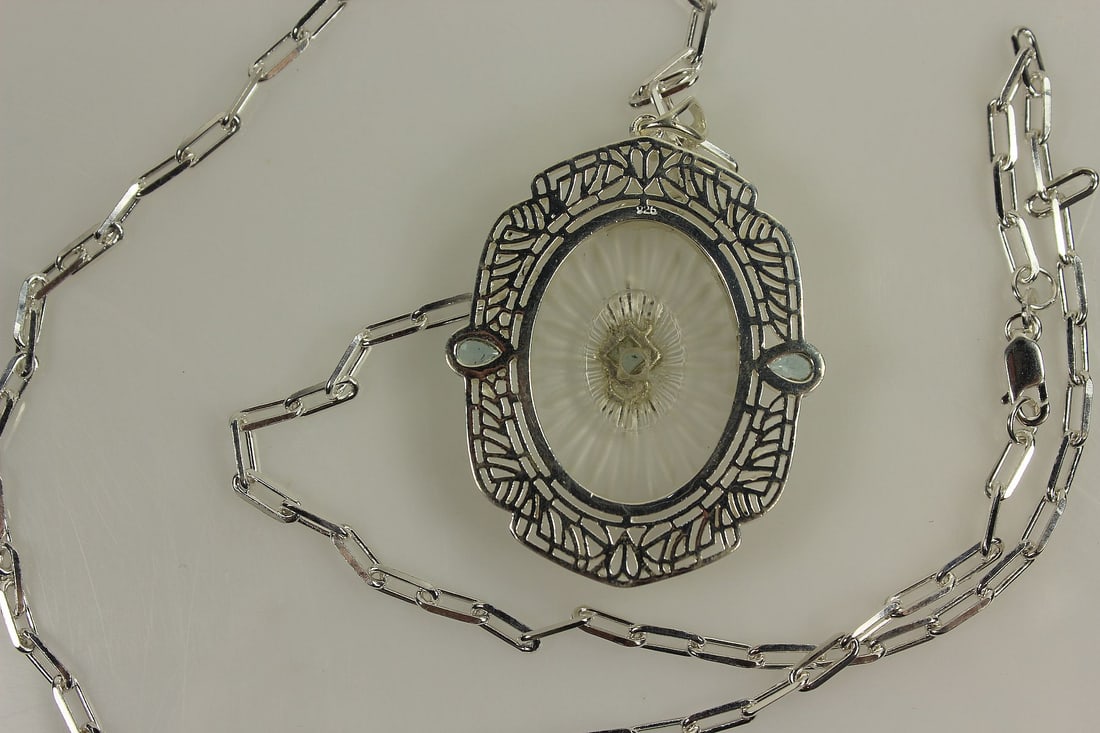 Camphor Glass Pendant in intricate Sterling (925) Silver Surround - 2