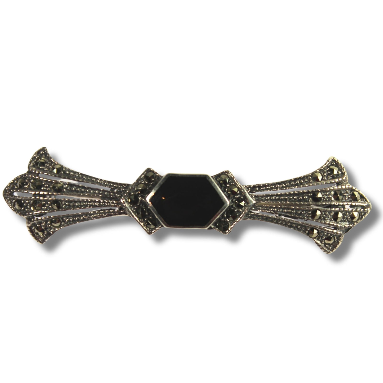Deco-style Black Resin & Marcasite Brooch in Sterling (925) Silver: . Size Length 6cms Medium Jewelry