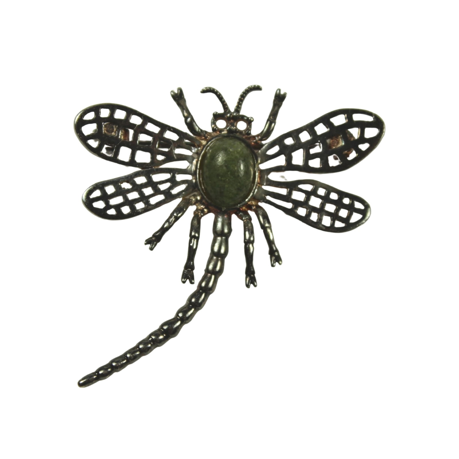 Dragonfly Brooch in Sterling (925) Silver armed with Vesuvianite Cabochon: . Size 4x4cms Medium Jewelry