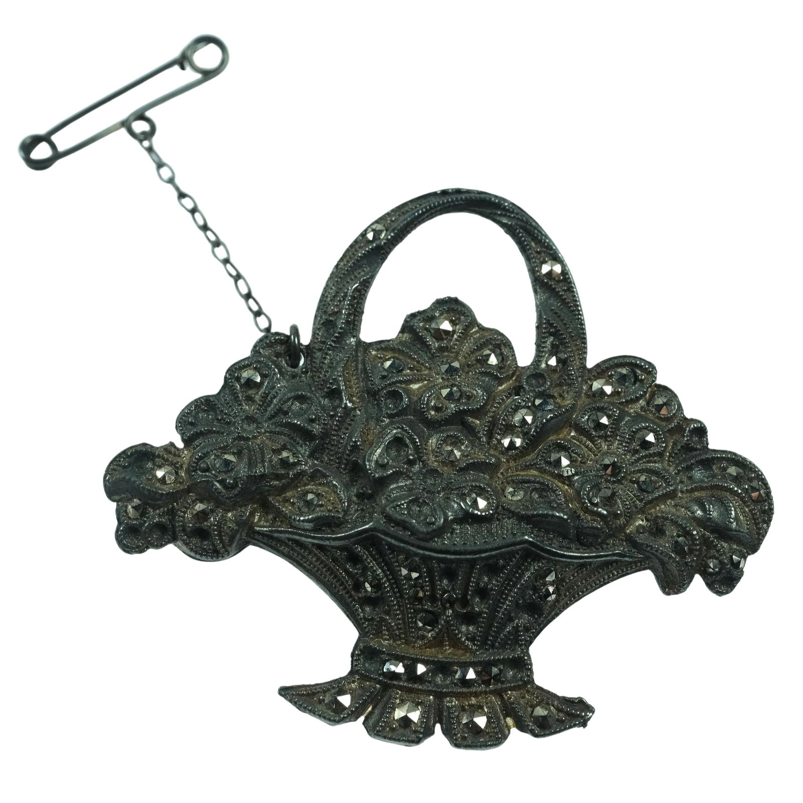 1930's Sterling (925) Silver Marcasite Flower Basket Brooch: Classic Size Total Weight 12.445 grams : 4.1cm x 4.9cm x 10.1cm Medium Jewelry
