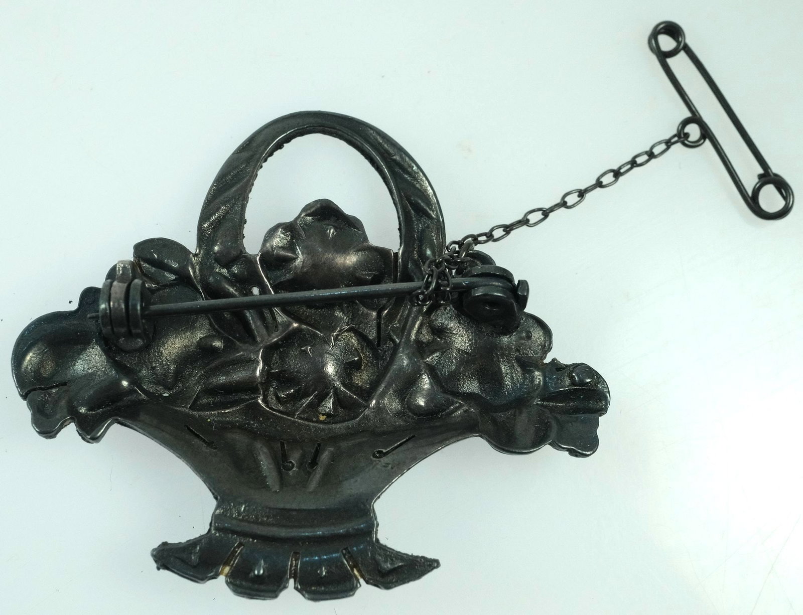 1930's Sterling (925) Silver Marcasite Flower Basket Brooch - 2