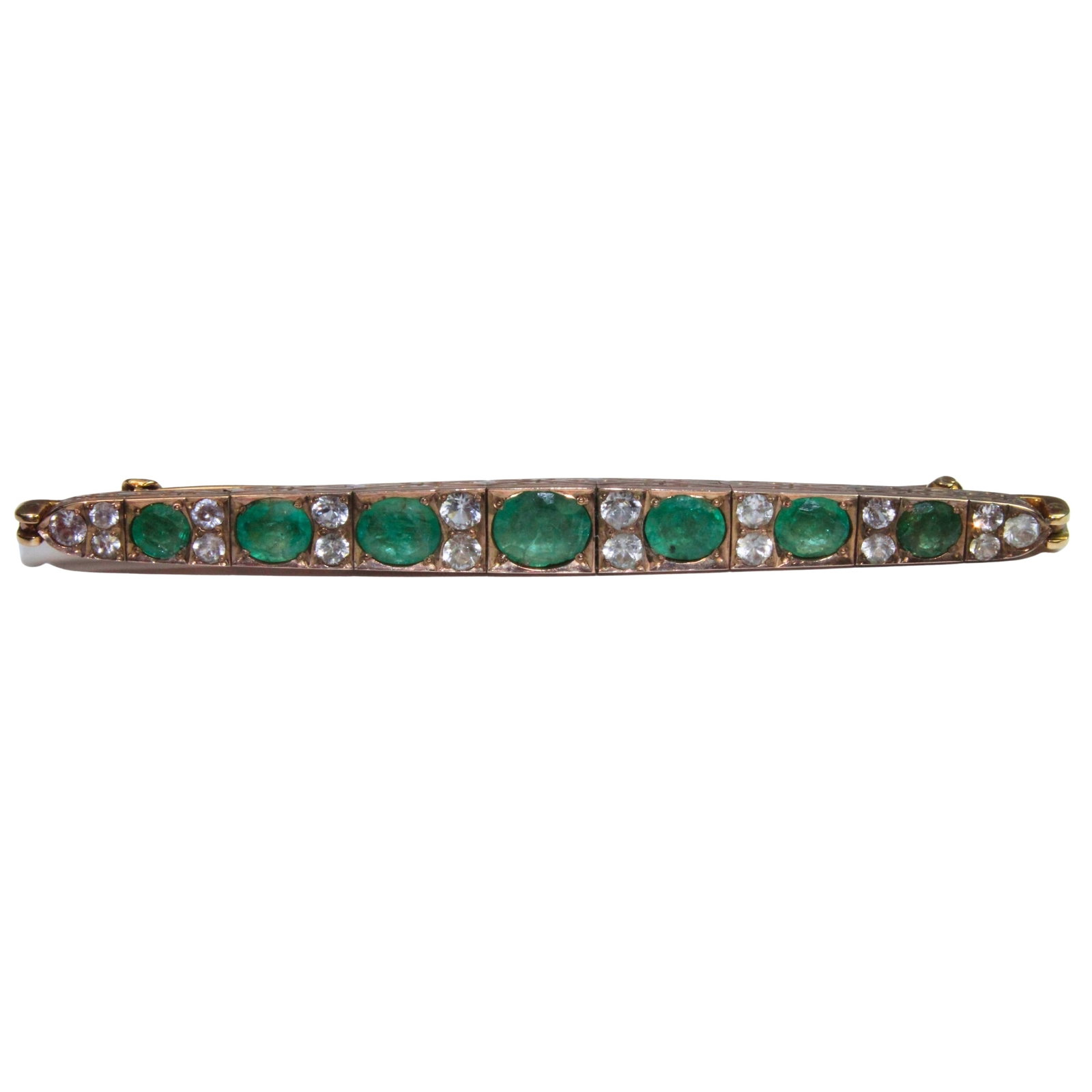 Antique Bar Brooch with Emeralds & White Sapphires in 9ct Yellow Gold: Traditional Size Length 7cms : Total weight 8.93gms Medium Jewelry