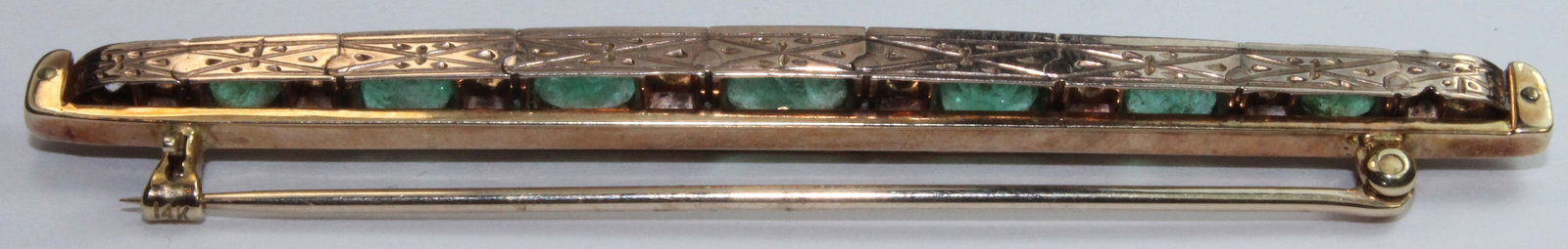 Antique Bar Brooch with Emeralds & White Sapphires in 9ct Yellow Gold - 2